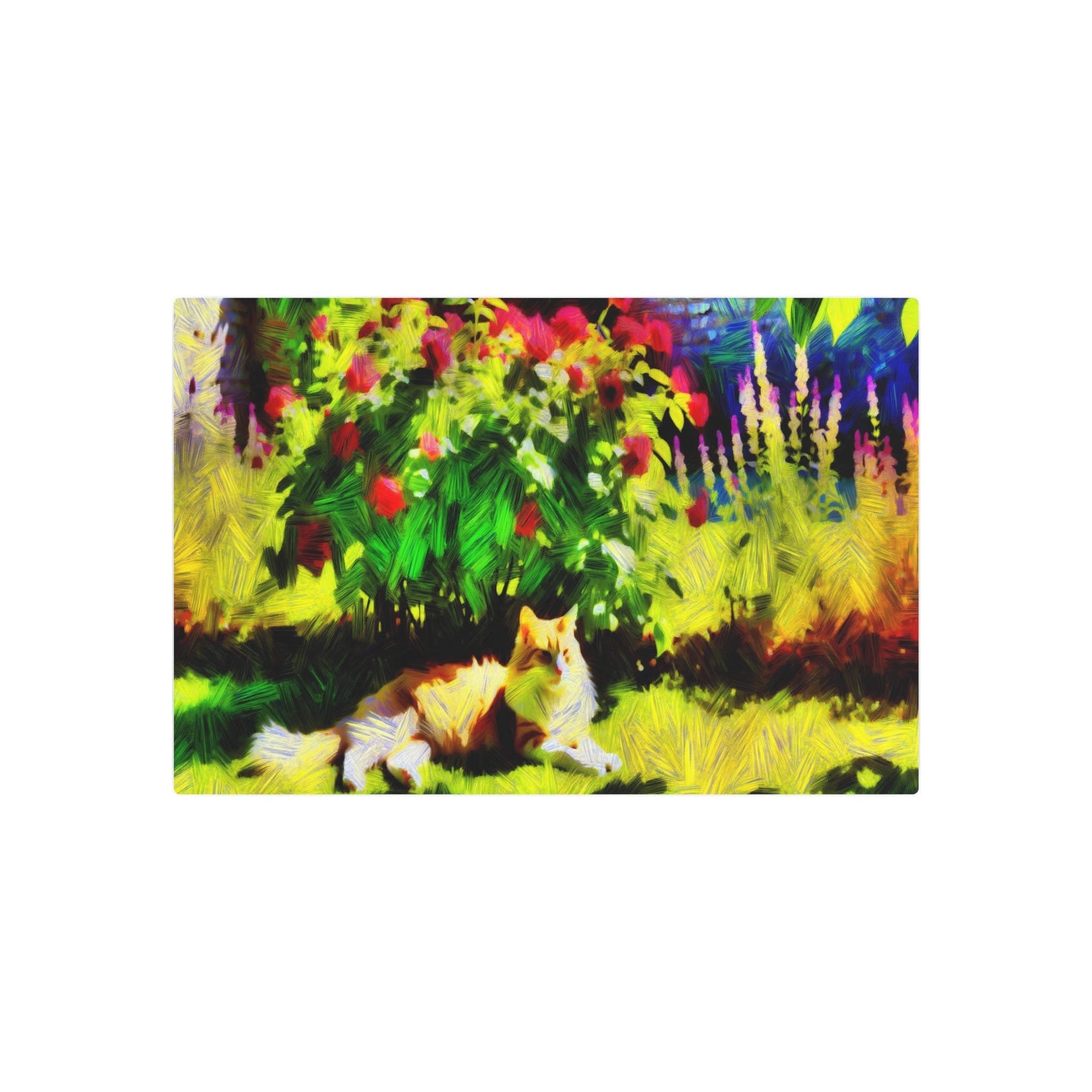 Metal Poster Art | "Impressionist Style Western Art - Sunlit Garden Scene with Cat amid Blooming Flowers" - Metal Poster Art 30″ x 20″ (Horizontal) 0.12''