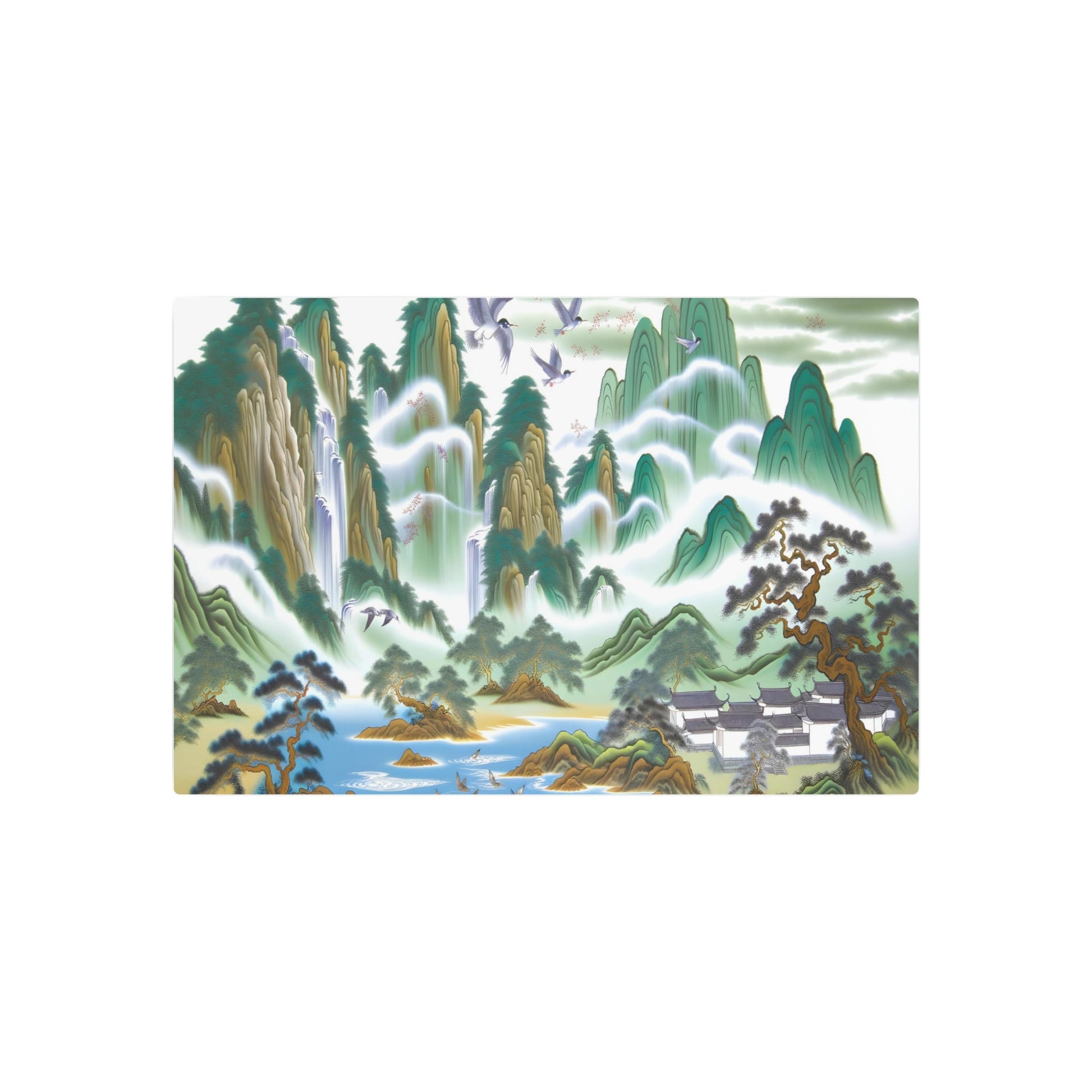 Metal Poster Art | "Traditional Chinese Landscape Painting featuring Mountains, Water, Trees, Houses and Birds - Intricate Asian Art Styles" - Metal Poster Art 30″ x 20″ (Horizontal) 0.12''