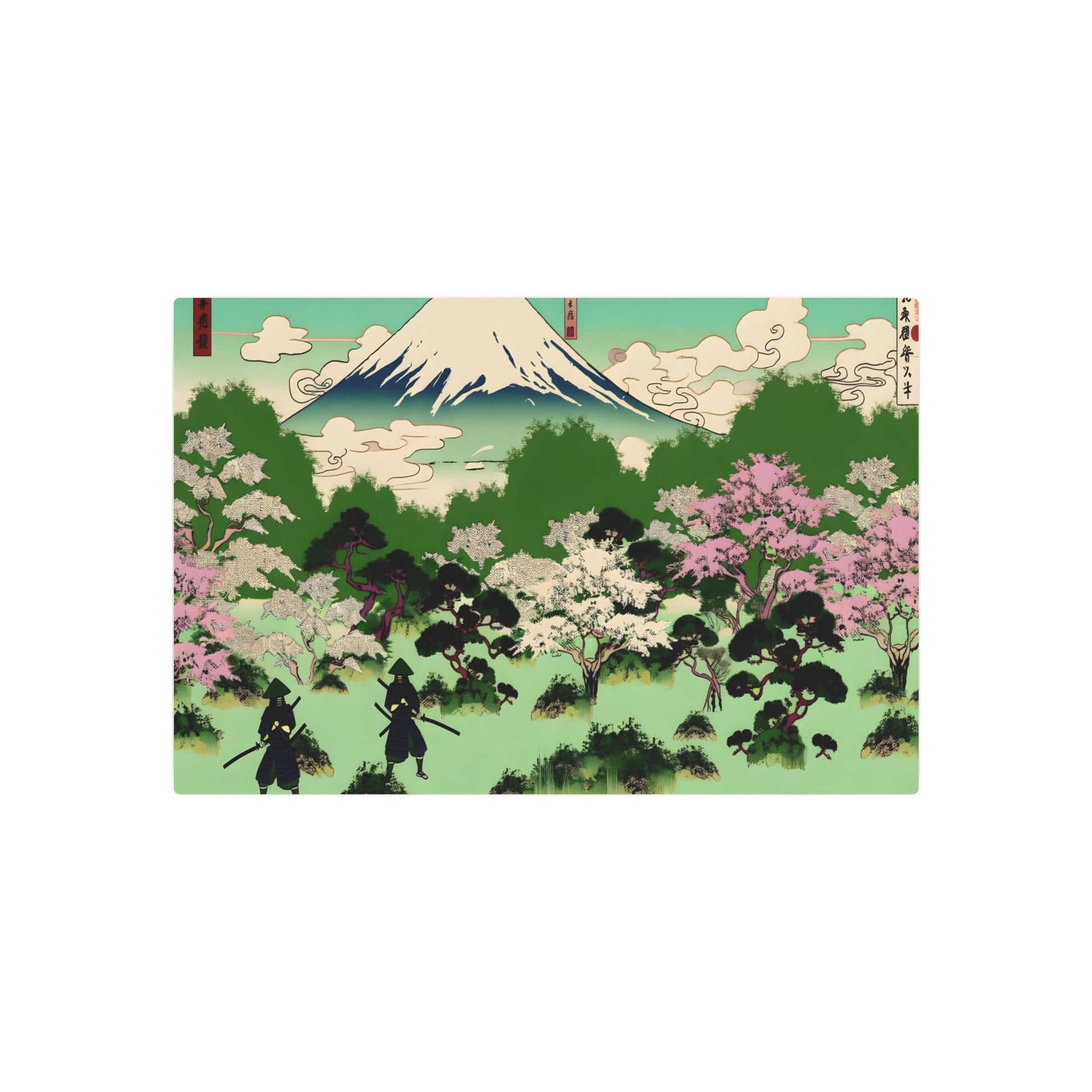 Metal Poster Art | "Ukiyo-e Style Asian Art: Mount Fuji, Cherry Blossom Trees & Samurai Warriors - Ancient Japanese Scenic Wall Art" - Metal Poster Art 30″ x 20″ (Horizontal) 0.12''