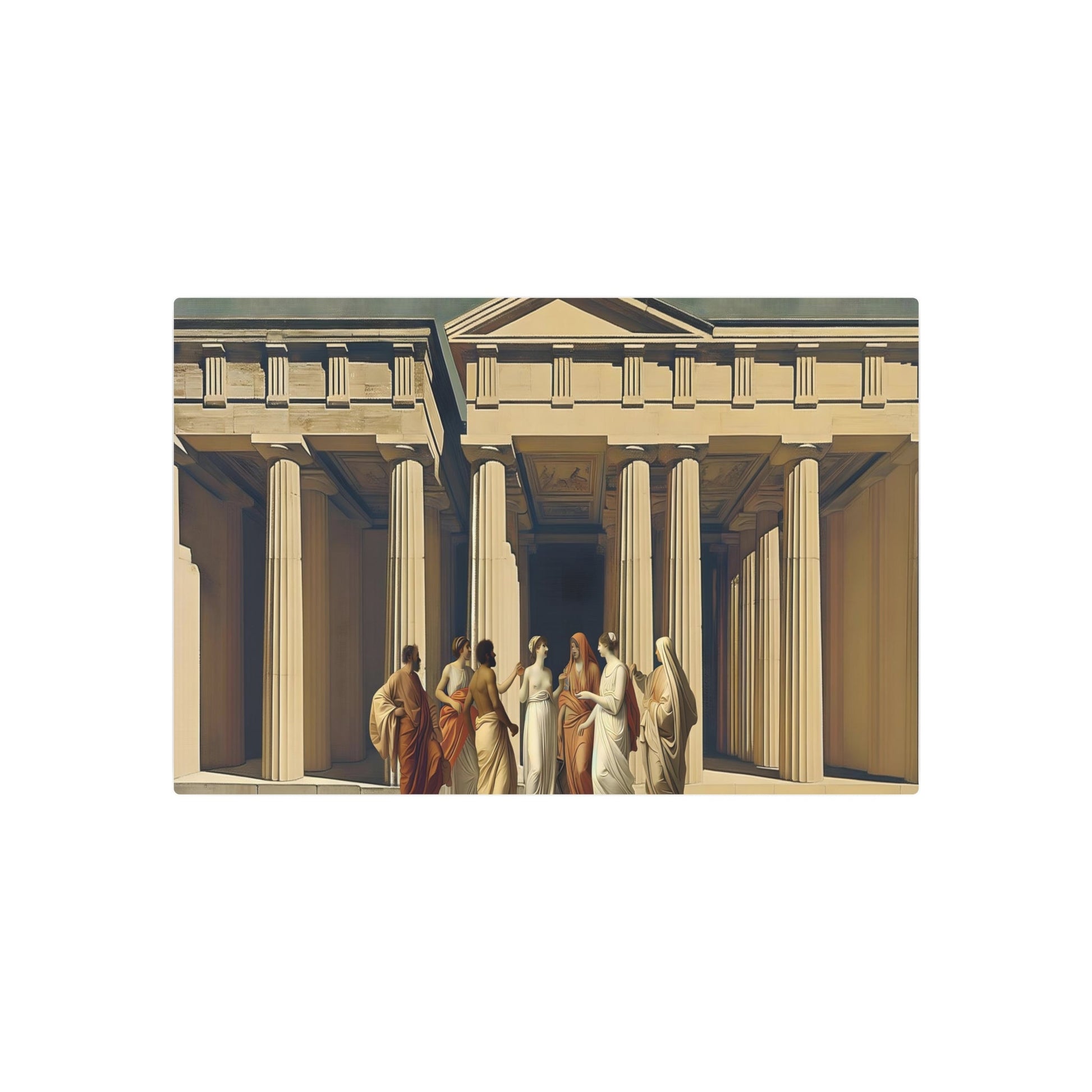 Metal Poster Art | "Neoclassical Artwork with Greco-Roman Architecture & Robed Figures in Earthy Tones - Western Art Styles Collection" - Metal Poster Art 30″ x 20″ (Horizontal) 0.12''