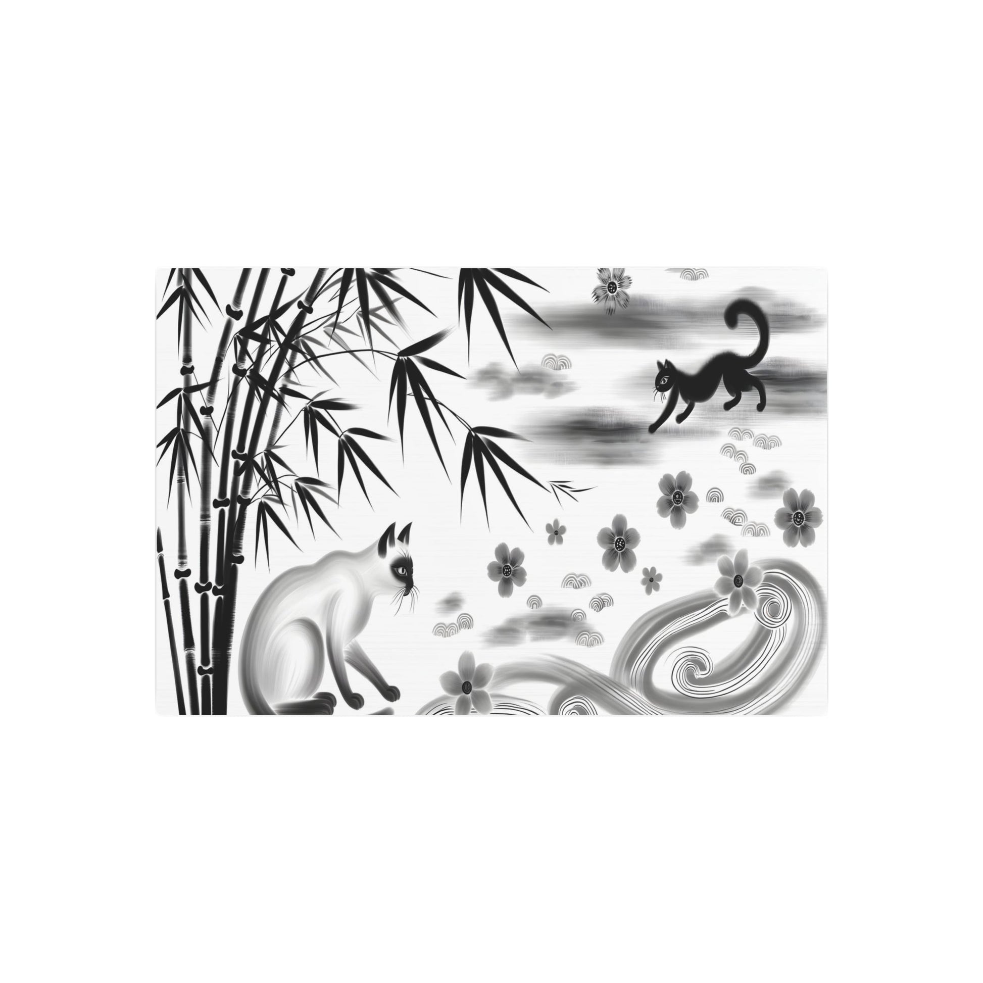 Metal Poster Art | "Chinese Silk Painting of Graceful Cat in Traditional Ink and Wash Style, Surrounded by Natural Elements Representing Yin and Yang - Sublime Asian Art - Metal Poster Art 30″ x 20″ (Horizontal) 0.12''