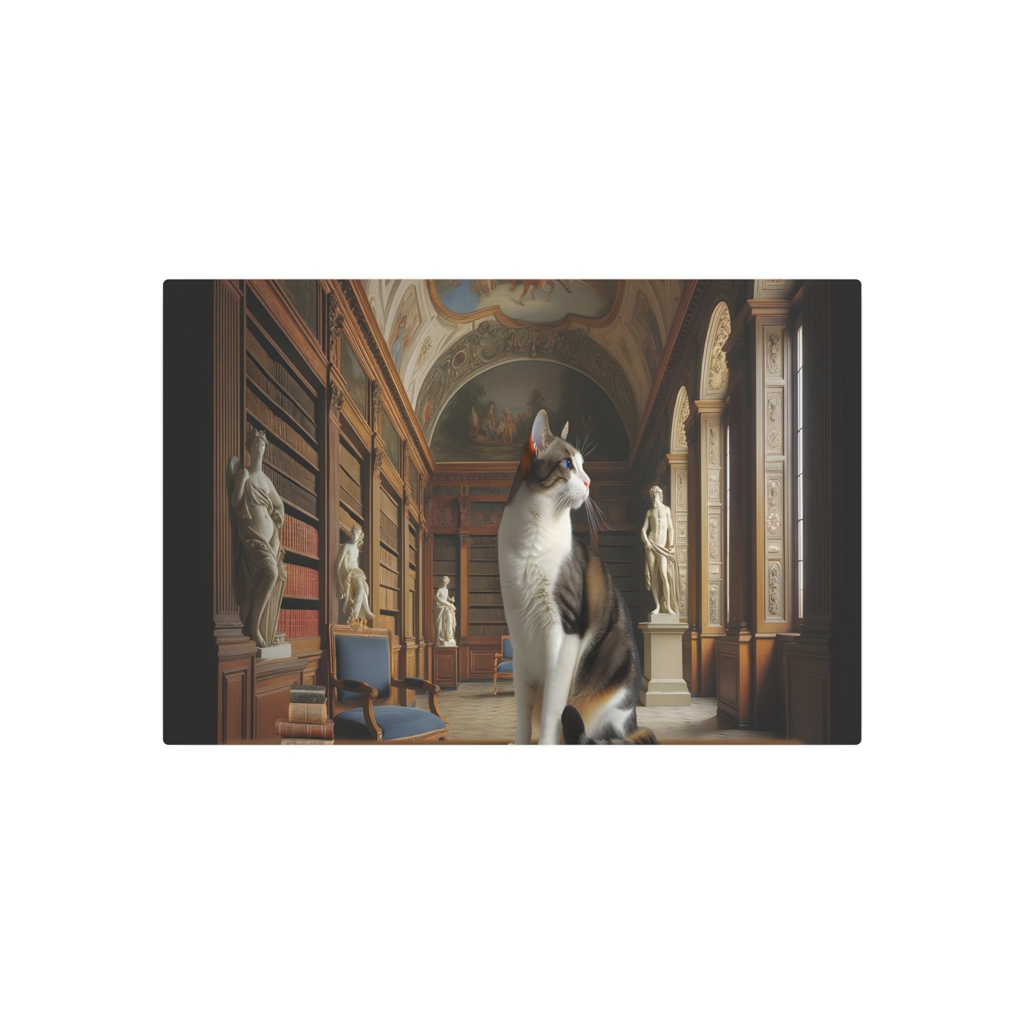Metal Poster Art | "Neoclassical Majestic Cat Portrait in European Library Setting - Antique Furniture, Classical Artworks & Rich Tapestries - Heroic Style Western - Metal Poster Art 30″ x 20″ (Horizontal) 0.12''