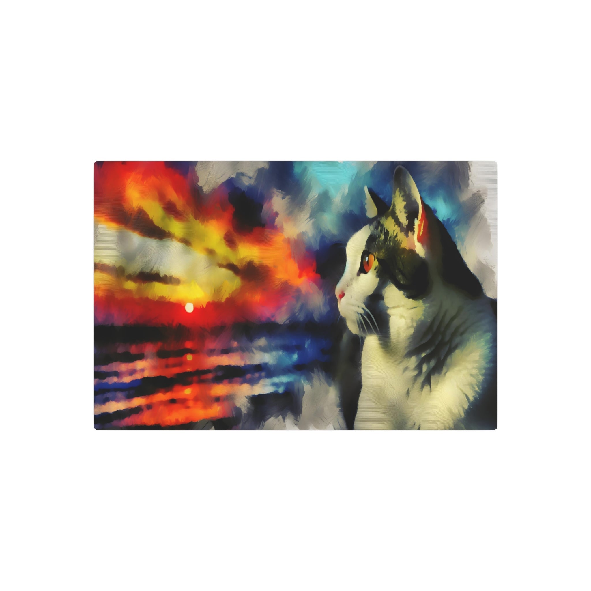 Metal Poster Art | "Romanticism Western Art Style - Contemplative Cat Gazing at Vibrant Sunset | Unique Handcrafted Romantic Artwork" - Metal Poster Art 30″ x 20″ (Horizontal) 0.12''