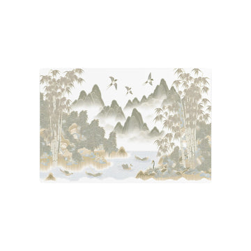 Metal Poster Art | "Traditional Chinese Silk Painting Artwork with Bamboo, Birds, and Mountain Landscape - Tranquil Asian Art in Subtle Rich Colors" - Metal Poster Art 30″ x 20″ (Horizontal) 0.12''