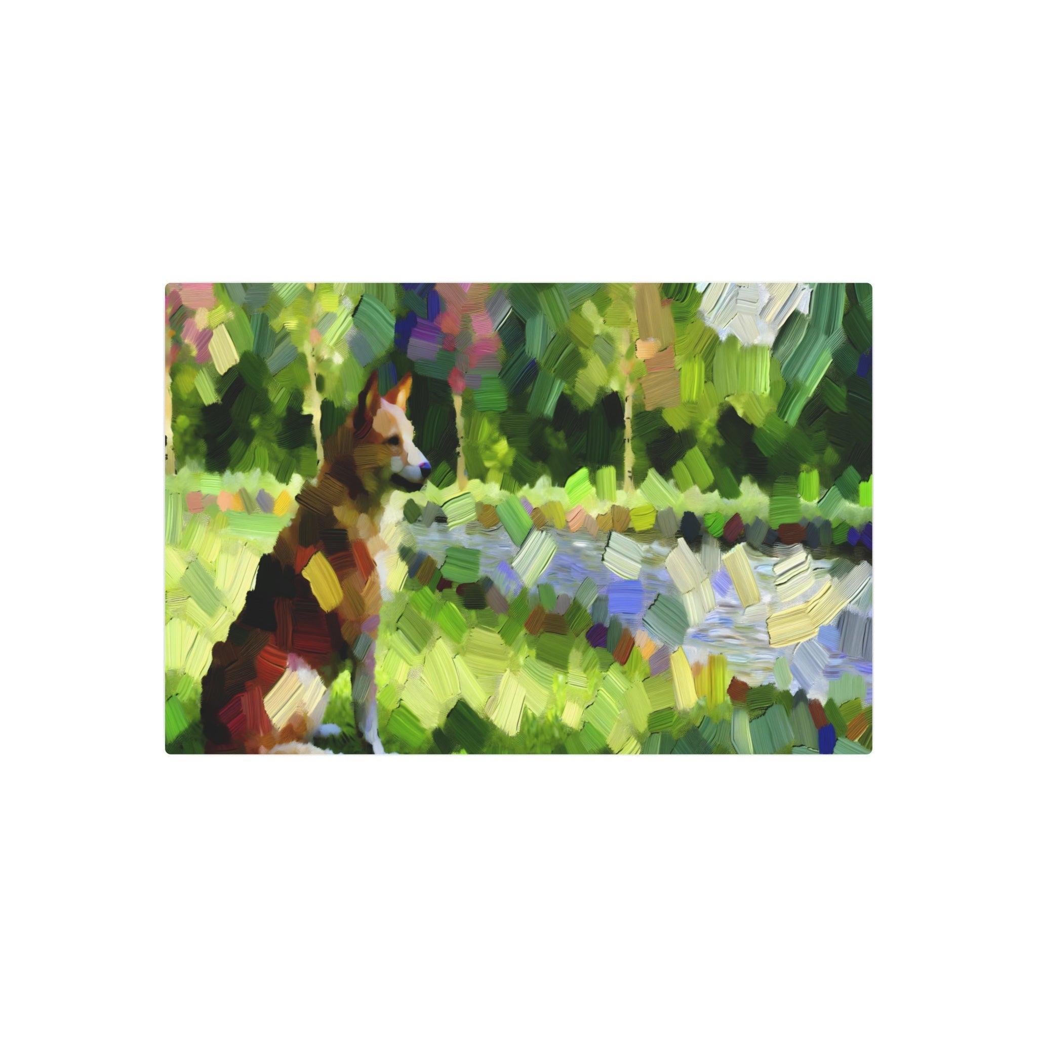 Metal Poster Art | "Impressionistic Western Art Style - Vibrant Outdoor Scene with Domesticated Dog, Emphasizing Light Variations and Loose Brush Strokes" - Metal Poster Art 30″ x 20″ (Horizontal) 0.12''