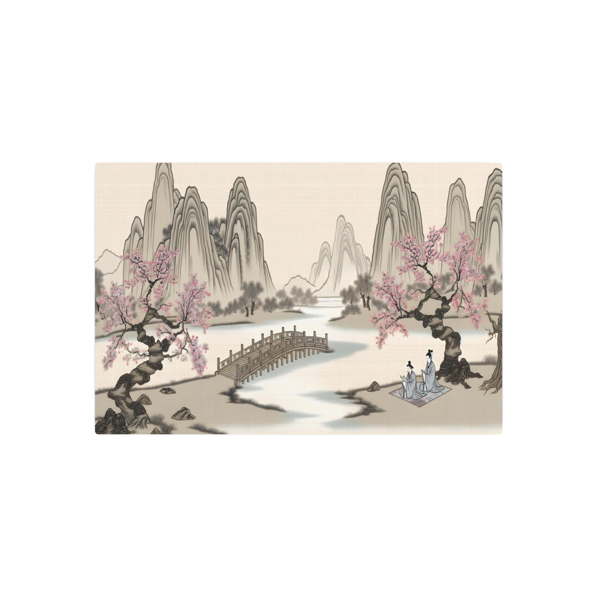 Metal Poster Art | "Traditional Chinese Silk Painting of Serene Mountain Landscape & Cherry Blossom Trees - Asian Art Styles, Sub-category: Chinese Silk Painting" - Metal Poster Art 30″ x 20″ (Horizontal) 0.12''