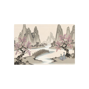 Metal Poster Art | "Traditional Chinese Silk Painting of Serene Mountain Landscape & Cherry Blossom Trees - Asian Art Styles, Sub-category: Chinese Silk Painting" - Metal Poster Art 30″ x 20″ (Horizontal) 0.12''