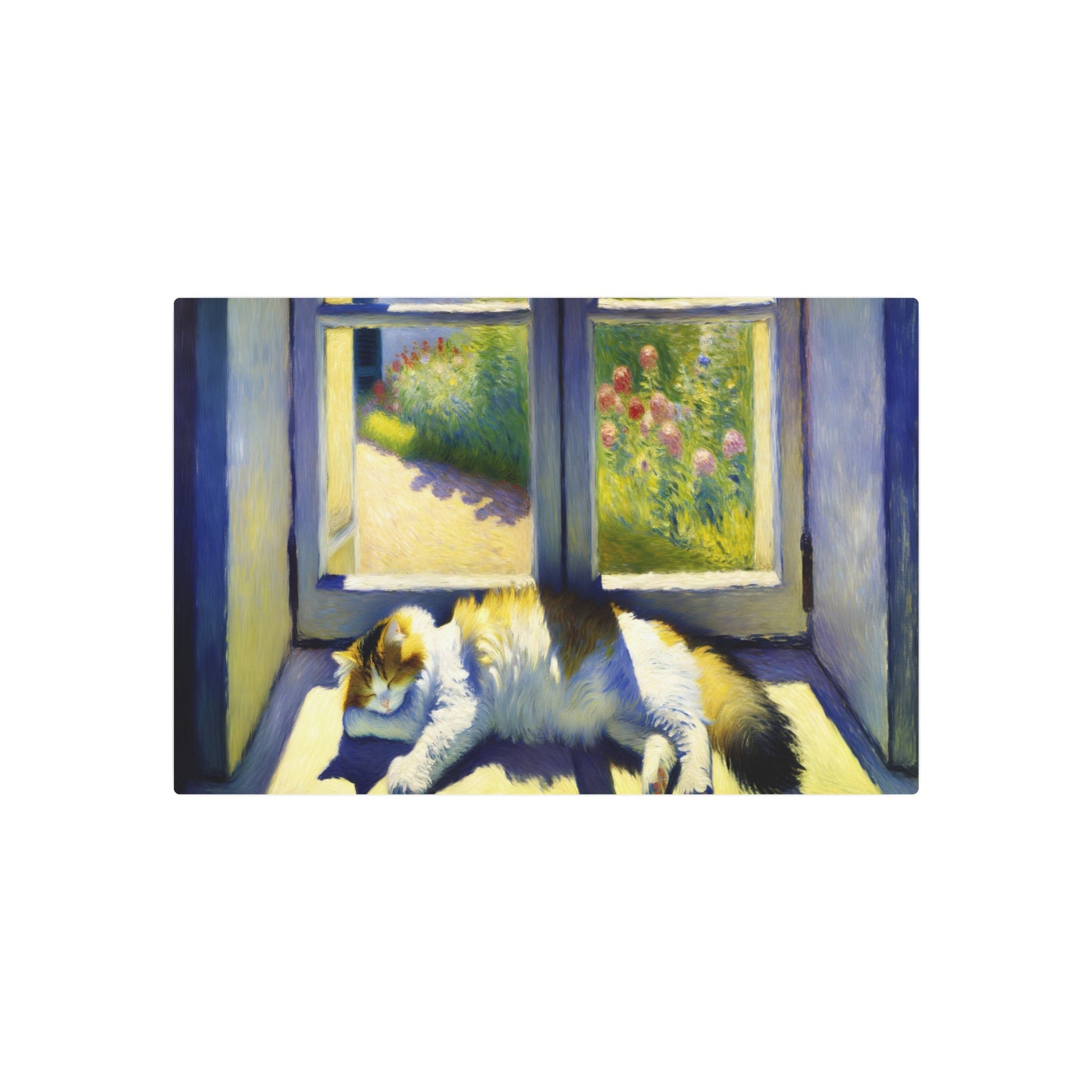 Metal Poster Art | "Impressionist Western Art: Sun-Drenched Cat Lounging on Windowsill Painting" - Metal Poster Art 30″ x 20″ (Horizontal) 0.12''
