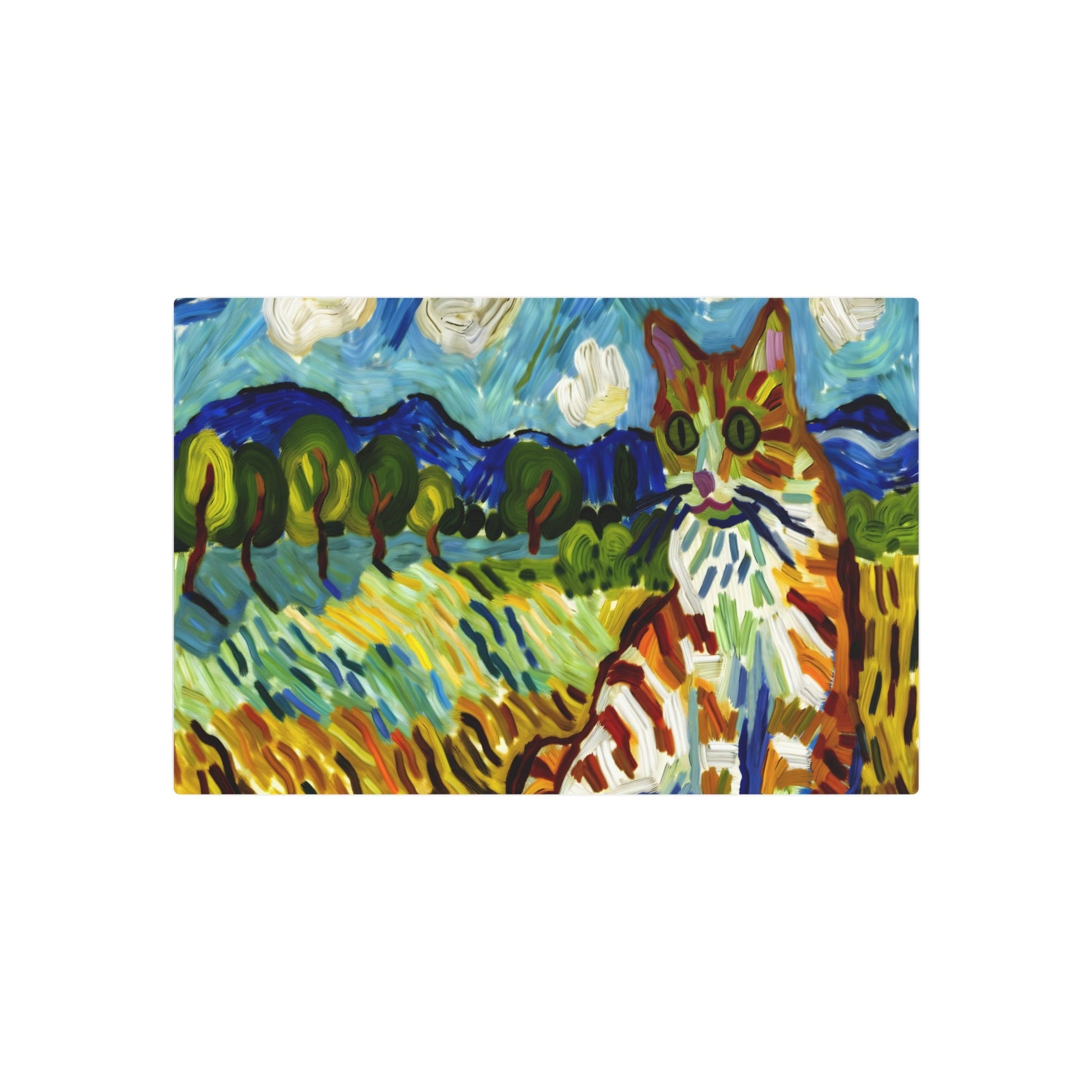 Metal Poster Art | "Post-Impressionism Inspired Colorful Cat Landscape - Western Art Styles Collection" - Metal Poster Art 30″ x 20″ (Horizontal) 0.12''