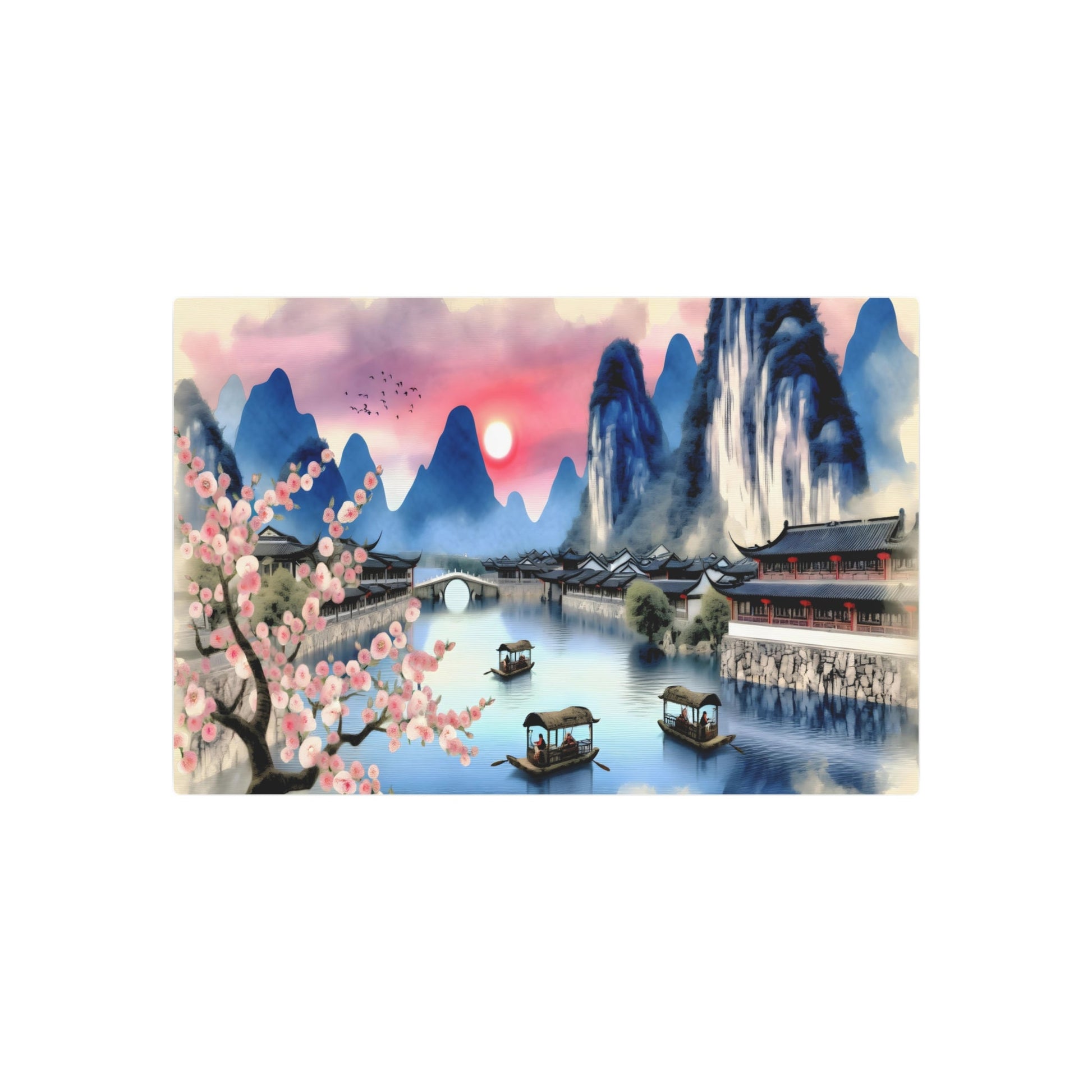 Metal Poster Art | "Traditional Chinese Landscape Watercolor Painting: Serene River, Majestic Mountains, Ancient Architecture, Cherry Blossoms - Inspired by Tang and Song Dynasty Art - Metal Poster Art 30″ x 20″ (Horizontal) 0.12''