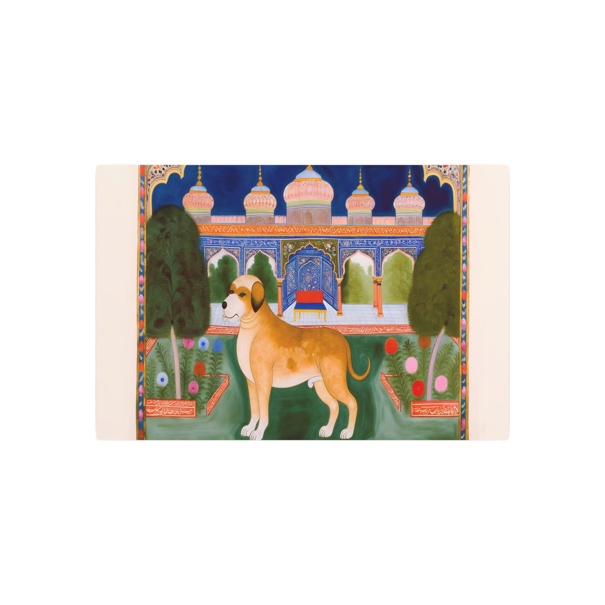 Metal Poster Art | "Mughal Miniature Painting: Majestic Dog in Traditional Garden - Vivid Colors, Non-Western Art, South Asian Style" - Metal Poster Art 30″ x 20″ (Horizontal) 0.12''