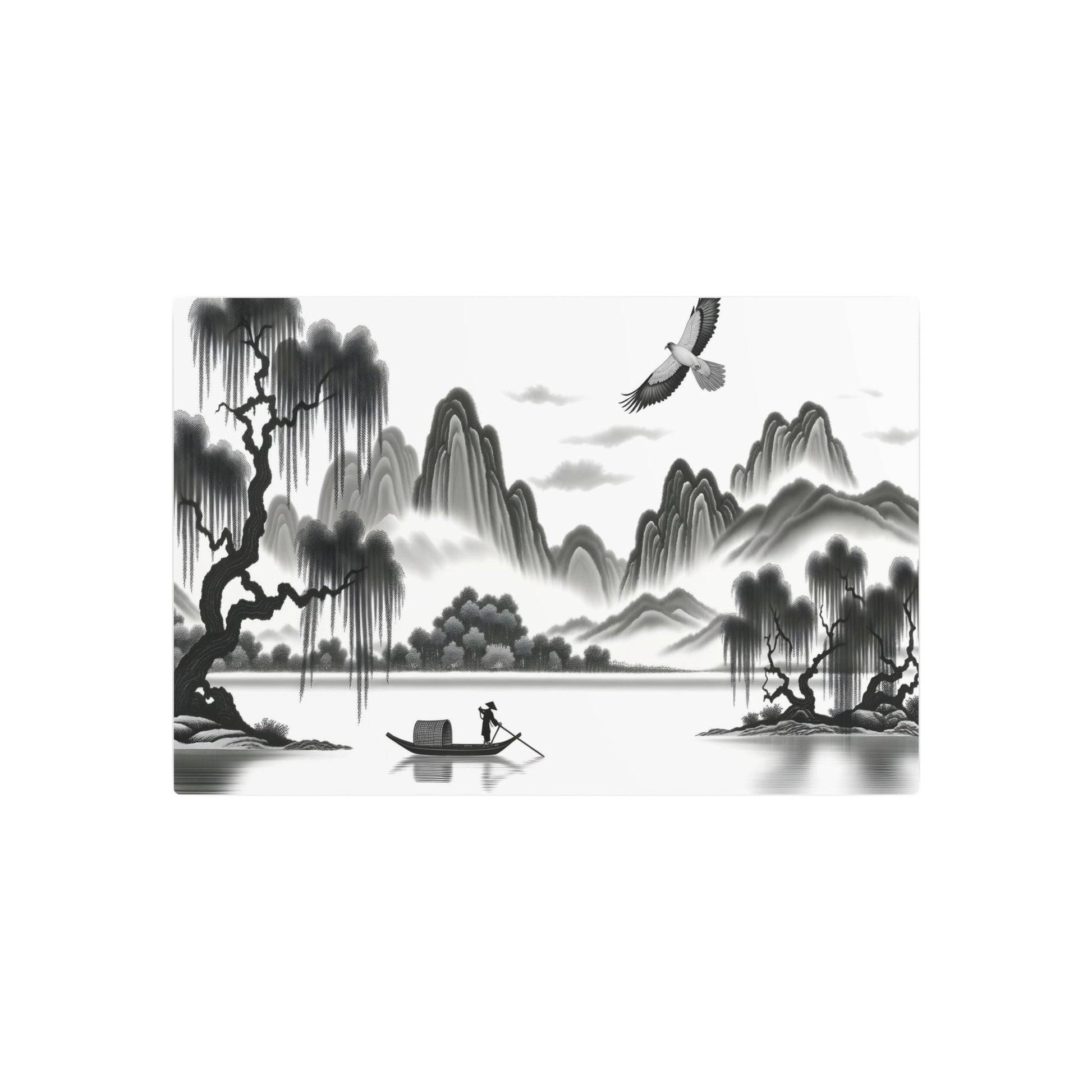 Metal Poster Art | "Harmony in Flight: Traditional Chinese Landscape Painting - Majestic Bird over Serene Lake and Misty Mountains - Minimalist Asian Art in Black, - Metal Poster Art 30″ x 20″ (Horizontal) 0.12''