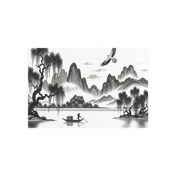 Metal Poster Art | "Harmony in Flight: Traditional Chinese Landscape Painting - Majestic Bird over Serene Lake and Misty Mountains - Minimalist Asian Art in Black, - Metal Poster Art 30″ x 20″ (Horizontal) 0.12''