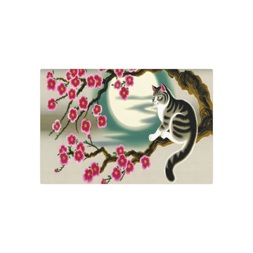 Metal Poster Art | "Traditional Chinese Silk Painting Art - Elegant Cat Resting on Blossoming Cherry Tree Branch under Full Moon, Serene Twilight Sky - Asian Art Styles, - Metal Poster Art 30″ x 20″ (Horizontal) 0.12''