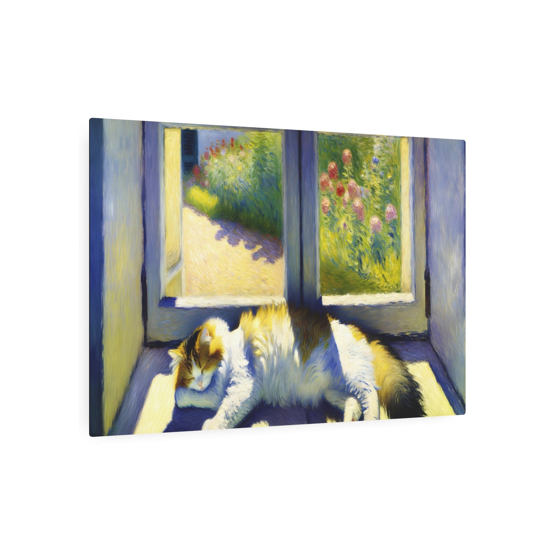Metal Poster Art | "Impressionist Western Art: Sun-Drenched Cat Lounging on Windowsill Painting" - Metal Poster Art 36″ x 24″ (Horizontal) 0.12''