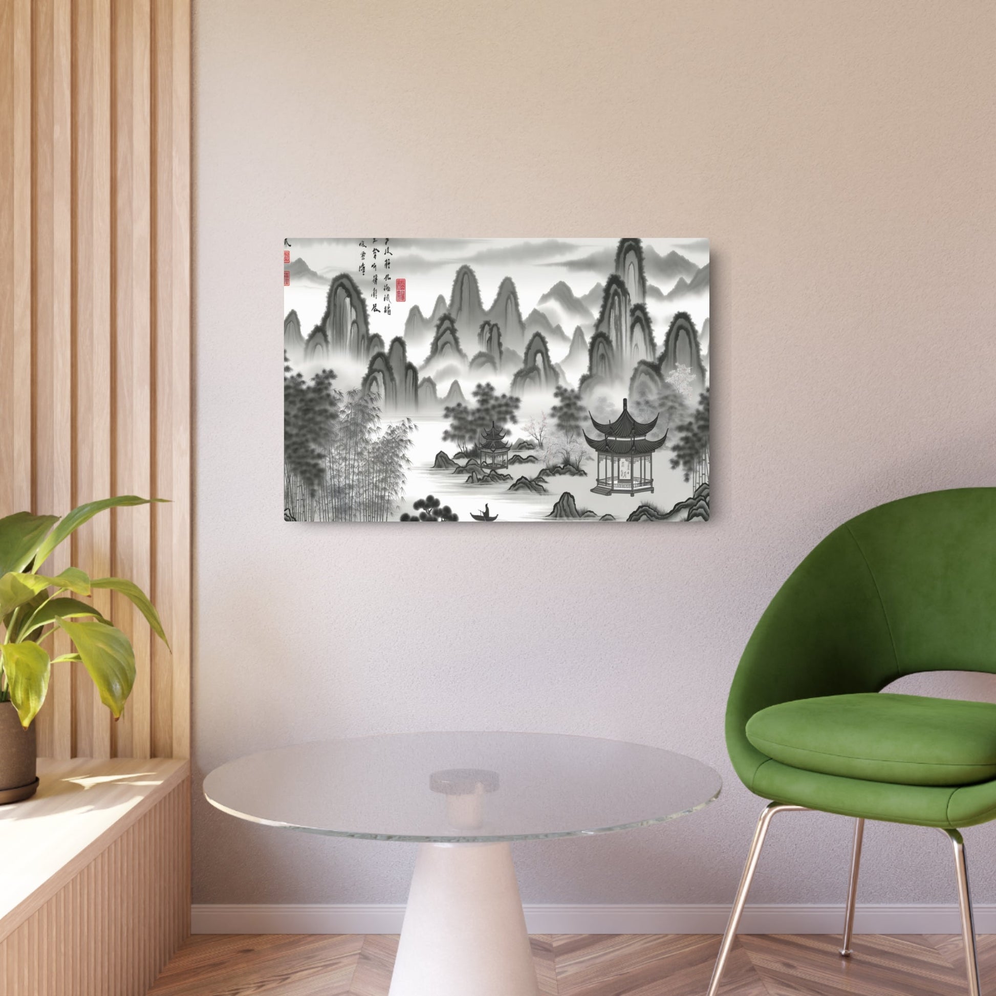 Metal Poster Art | "Traditional Chinese Landscape Ink Wash Painting: Misty Mountains and River Panorama with Ancient Architecture, Bamboo Forests & Cherry Blossoms - Grey, Black - Metal Poster Art 36″ x 24″ (Horizontal) 0.12''