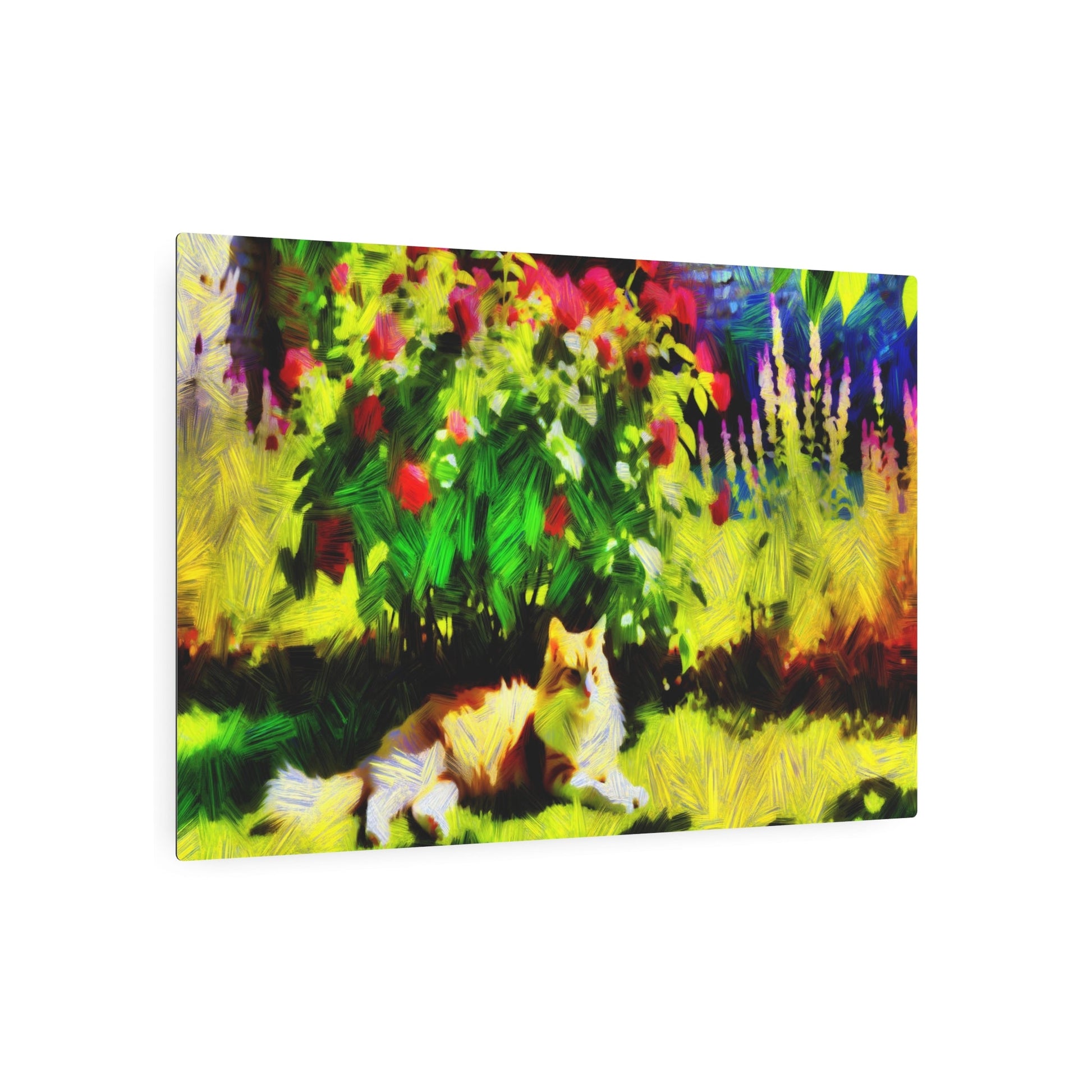 Metal Poster Art | "Impressionist Style Western Art - Sunlit Garden Scene with Cat amid Blooming Flowers" - Metal Poster Art 36″ x 24″ (Horizontal) 0.12''