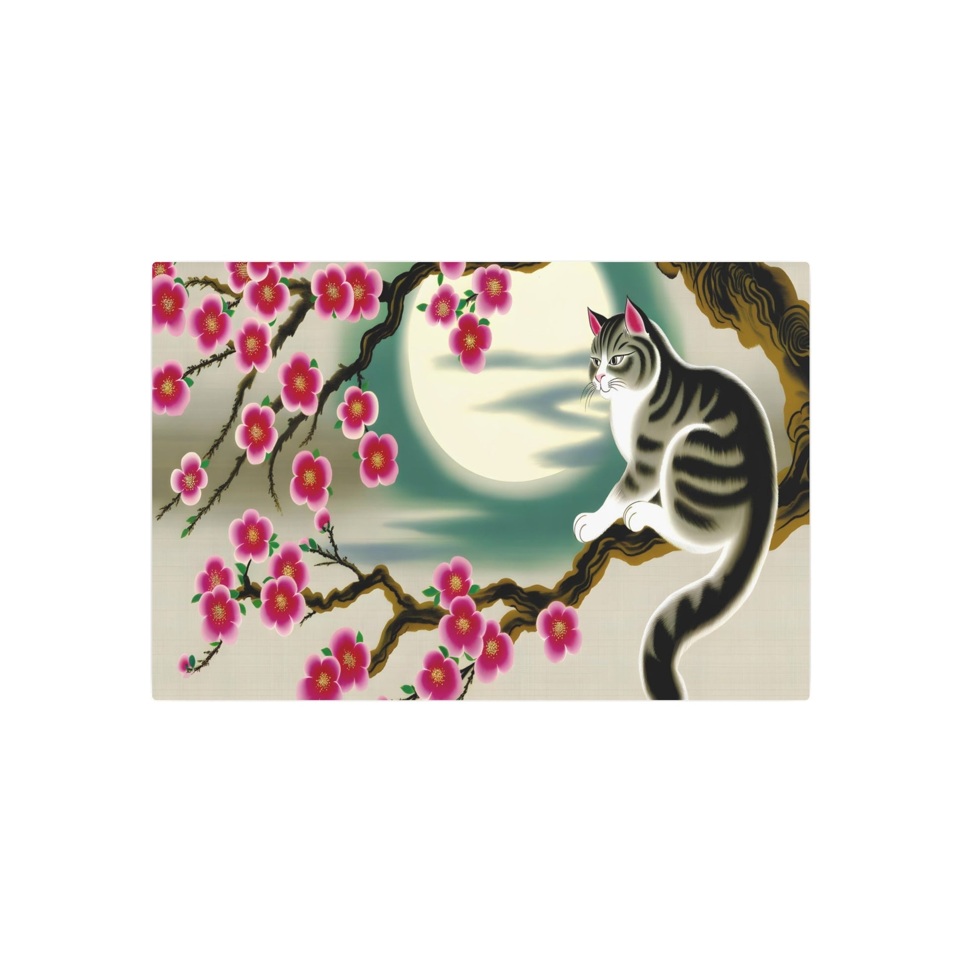 Metal Poster Art | "Traditional Chinese Silk Painting Art - Elegant Cat Resting on Blossoming Cherry Tree Branch under Full Moon, Serene Twilight Sky - Asian Art Styles, - Metal Poster Art 36″ x 24″ (Horizontal) 0.12''