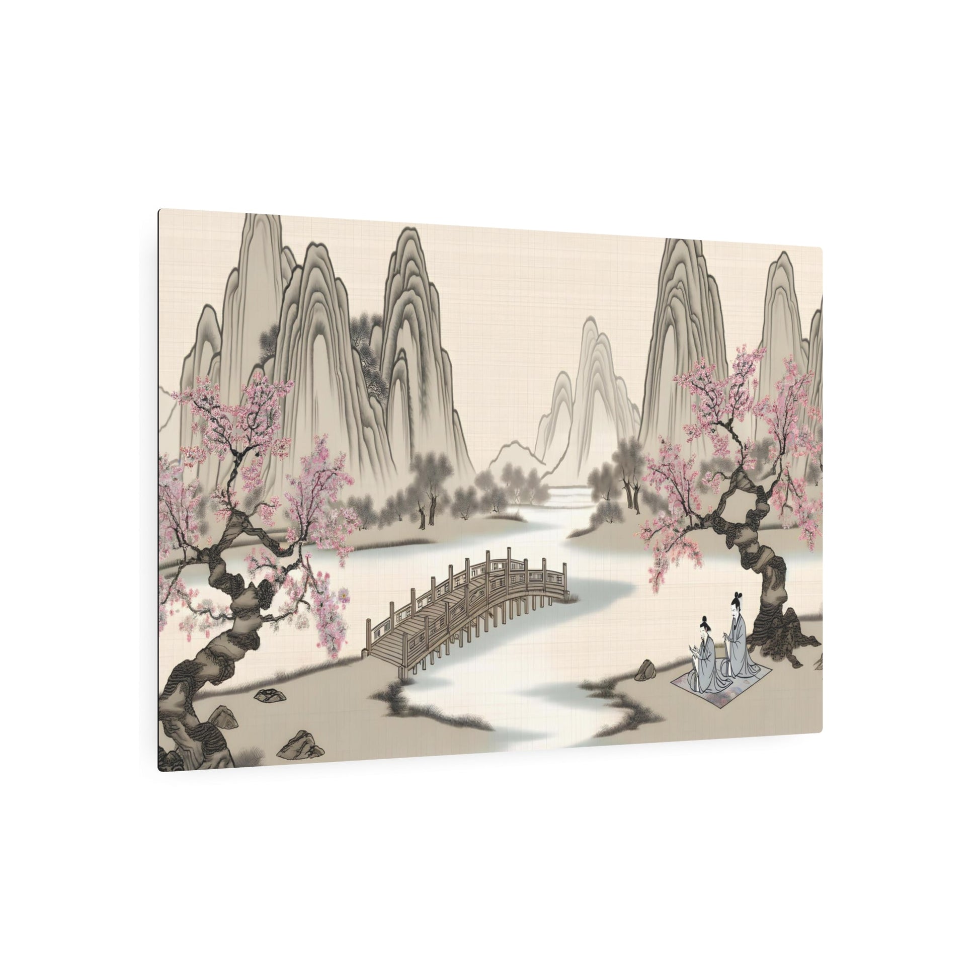 Metal Poster Art | "Traditional Chinese Silk Painting of Serene Mountain Landscape & Cherry Blossom Trees - Asian Art Styles, Sub-category: Chinese Silk Painting" - Metal Poster Art 36″ x 24″ (Horizontal) 0.12''