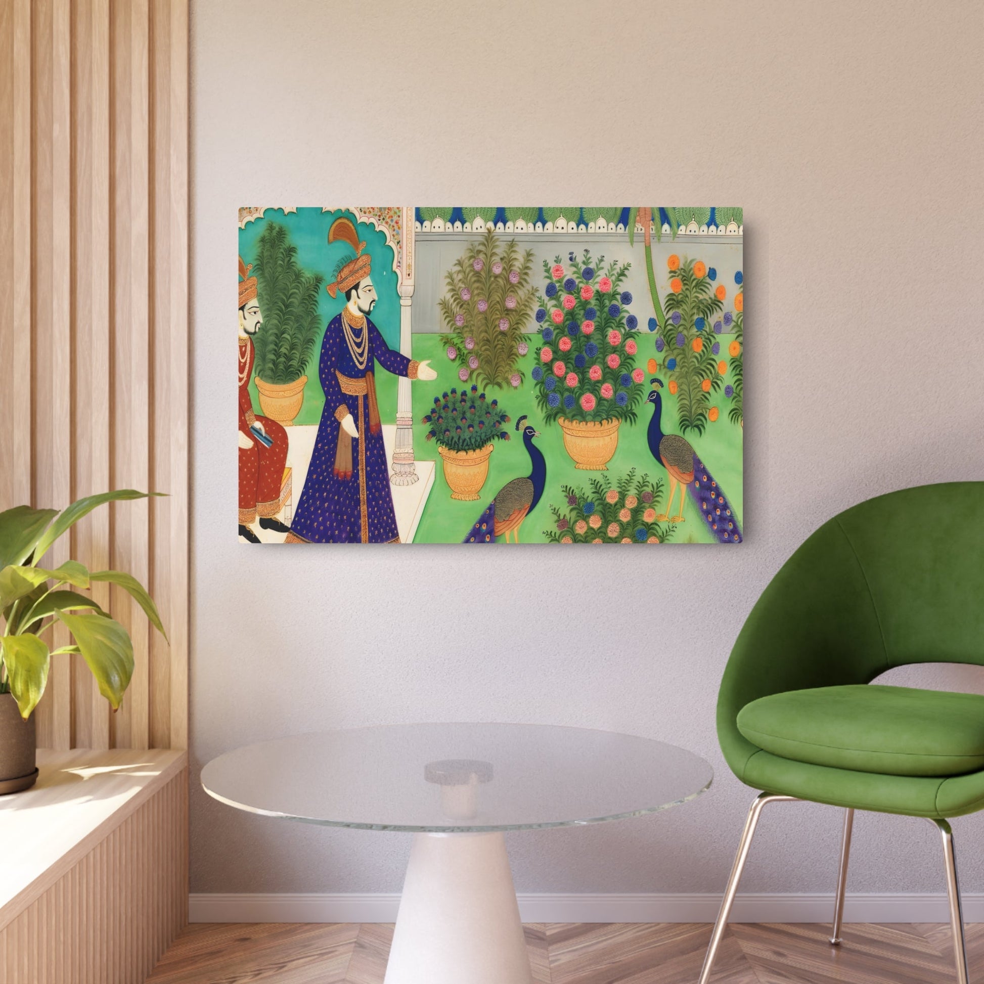 Metal Poster Art | "Mughal Miniature Art: Traditional South Asian Style Illustration of a Mughal Emperor Enjoying His Garden with Peacocks" - Metal Poster Art 36″ x 24″ (Horizontal) 0.12''