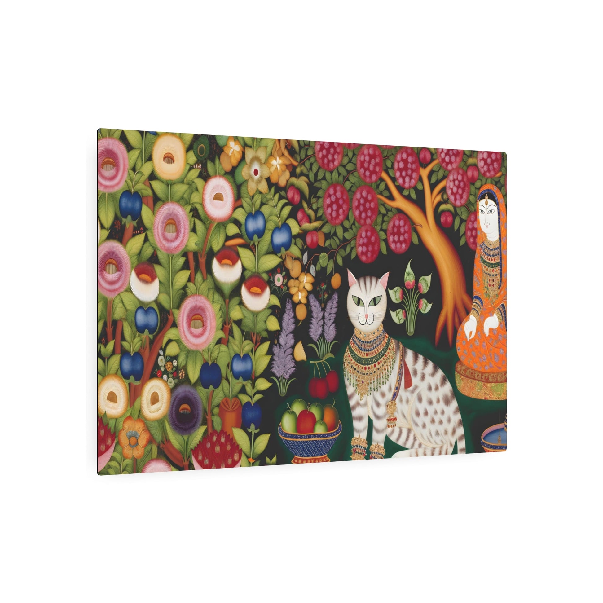 Metal Poster Art | "Mughal Miniature Art Print: Cat Relaxing in Blooming Garden - Intricate South Asian Aesthetic with Traditional Jewelry Accents" - Metal Poster Art 36″ x 24″ (Horizontal) 0.12''