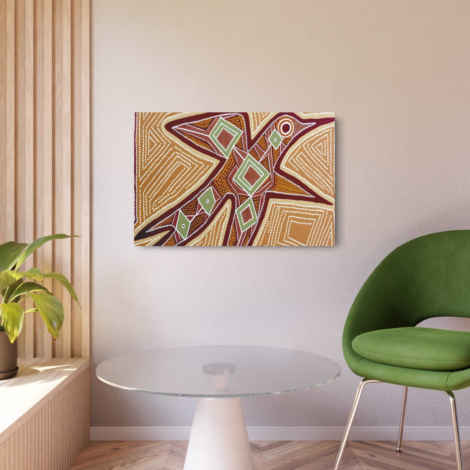 Metal Poster Art | "Australian Aboriginal Art Inspired Bird Image - Dot Painting & Earth-Tone Patterns in Non-Western & Global Styles" - Metal Poster Art 36″ x 24″ (Horizontal) 0.12''