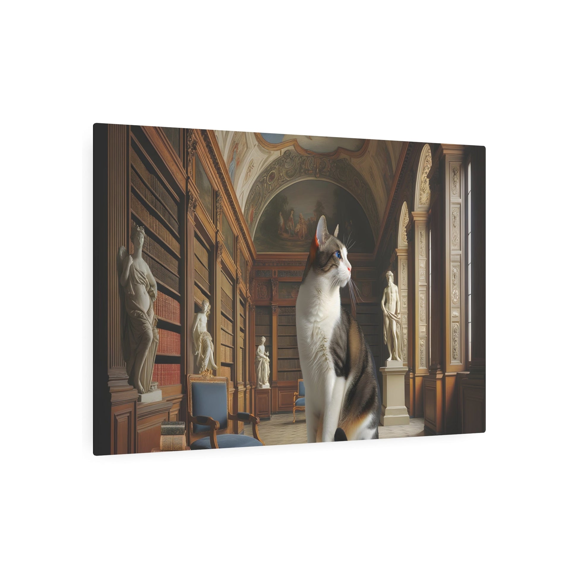 Metal Poster Art | "Neoclassical Majestic Cat Portrait in European Library Setting - Antique Furniture, Classical Artworks & Rich Tapestries - Heroic Style Western - Metal Poster Art 36″ x 24″ (Horizontal) 0.12''