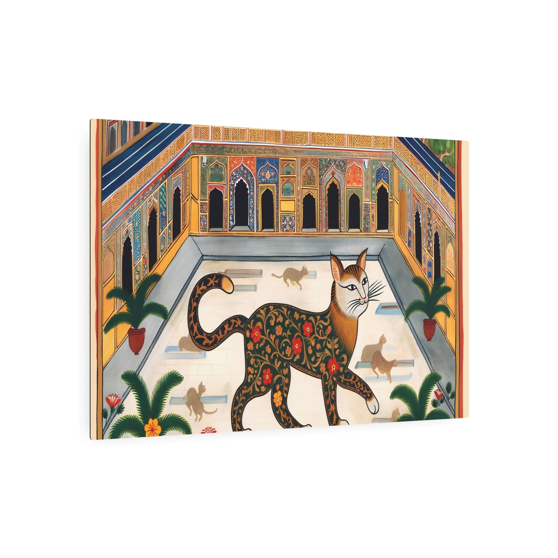 Metal Poster Art | "Mughal Miniature Art: Elegant Cat Prancing in Vibrant South Asian Palace Courtyard - Non-Western & Global Styles" - Metal Poster Art 36″ x 24″ (Horizontal) 0.12''