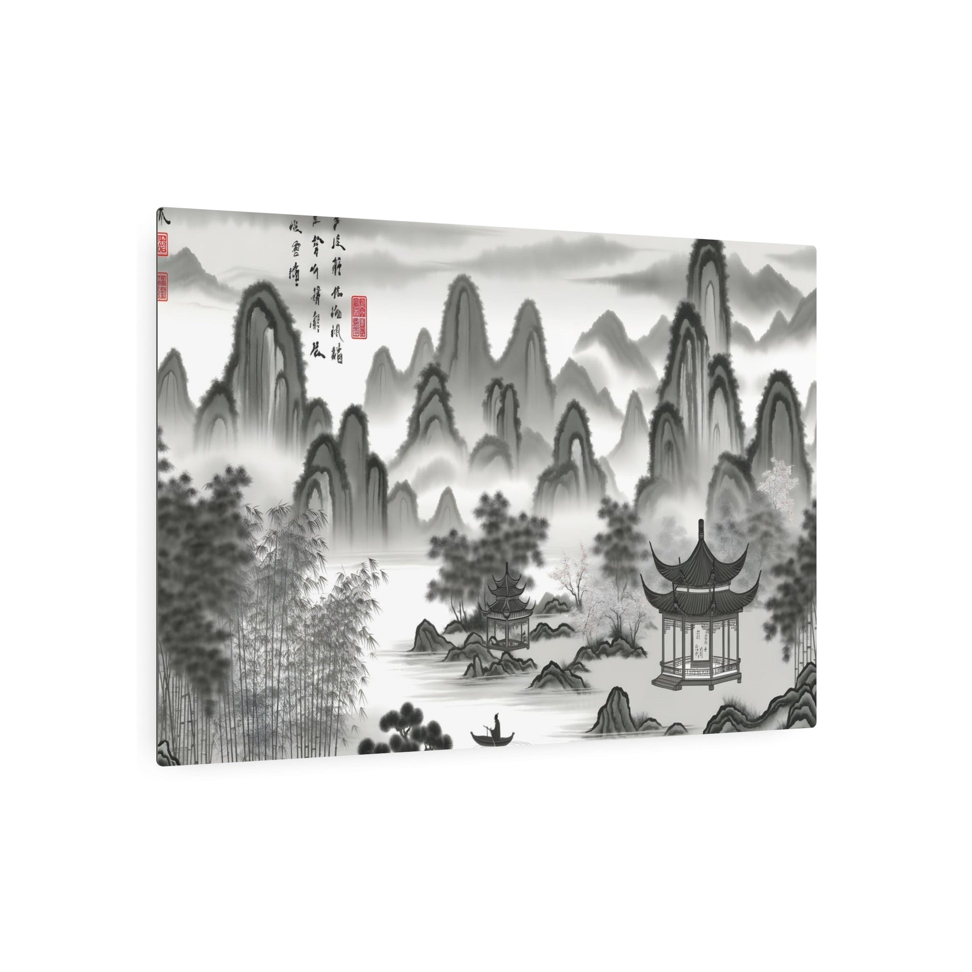 Metal Poster Art | "Traditional Chinese Landscape Ink Wash Painting: Misty Mountains and River Panorama with Ancient Architecture, Bamboo Forests & Cherry Blossoms - Grey, Black - Metal Poster Art 36″ x 24″ (Horizontal) 0.12''