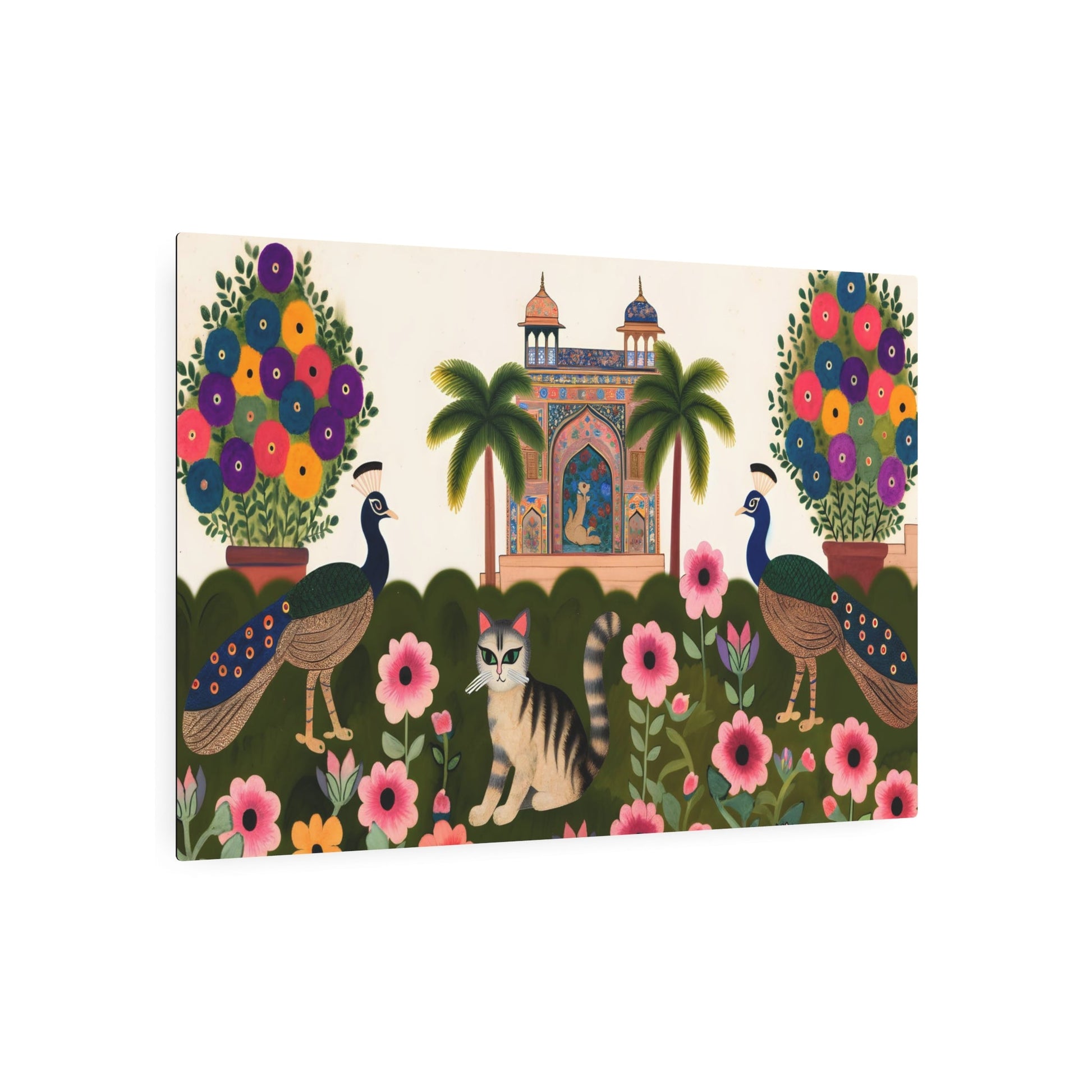 Metal Poster Art | "Mughal Miniature Art - Traditional South Asian Painting of Cat and Peacocks in a Blooming Garden with Architectural Designs" - Metal Poster Art 36″ x 24″ (Horizontal) 0.12''