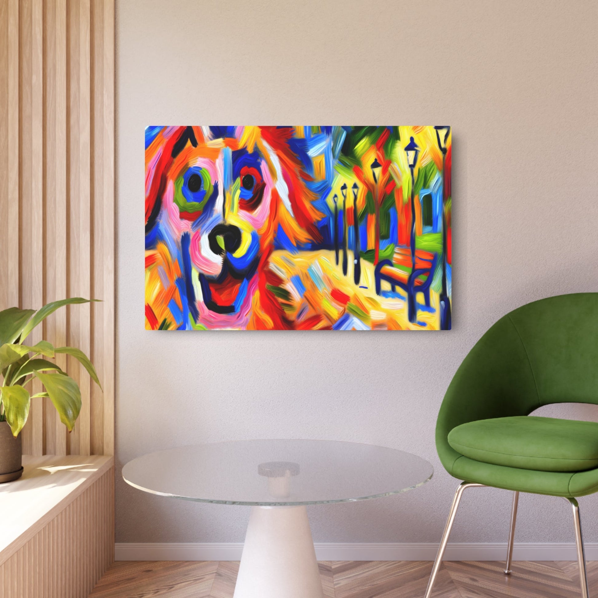 Metal Poster Art | "Vibrant Expressionism Style Oil Painting of a Playful Dog in Bold Colors - Western Art Styles Collection" - Metal Poster Art 36″ x 24″ (Horizontal) 0.12''