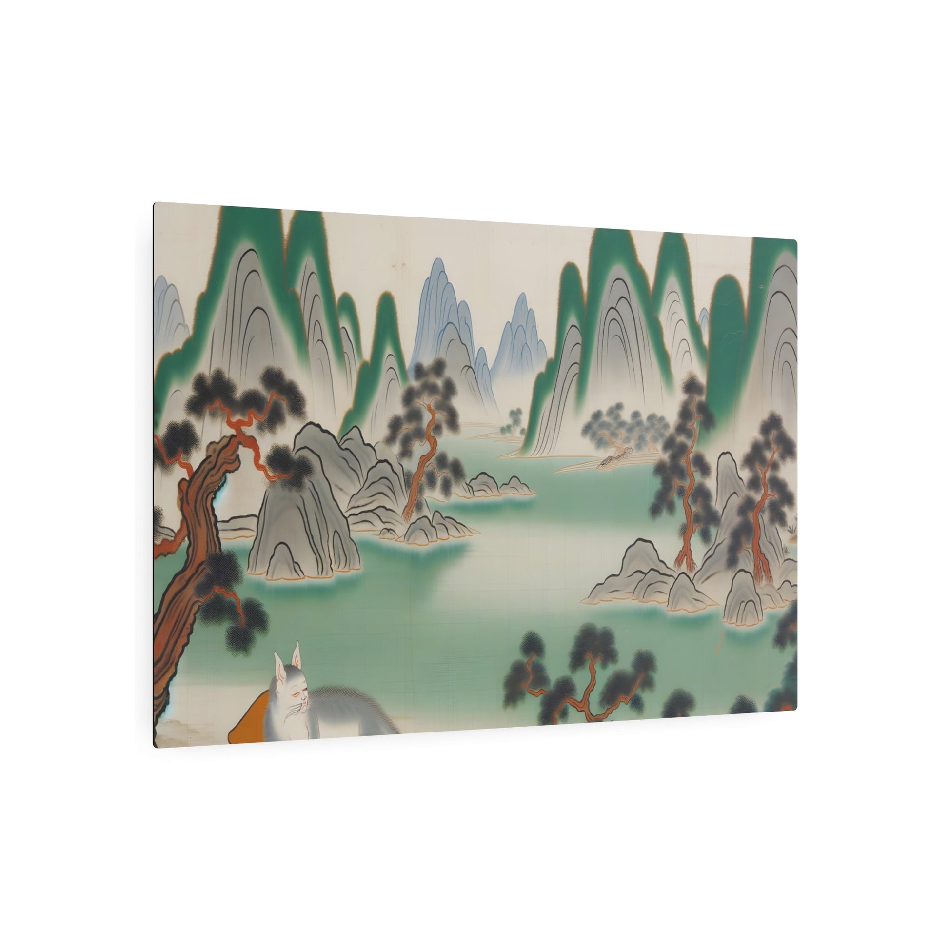 Metal Poster Art | "Traditional Chinese Landscape Painting with Peaceful Cat - Asian Art Styles Collection" - Metal Poster Art 36″ x 24″ (Horizontal) 0.12''