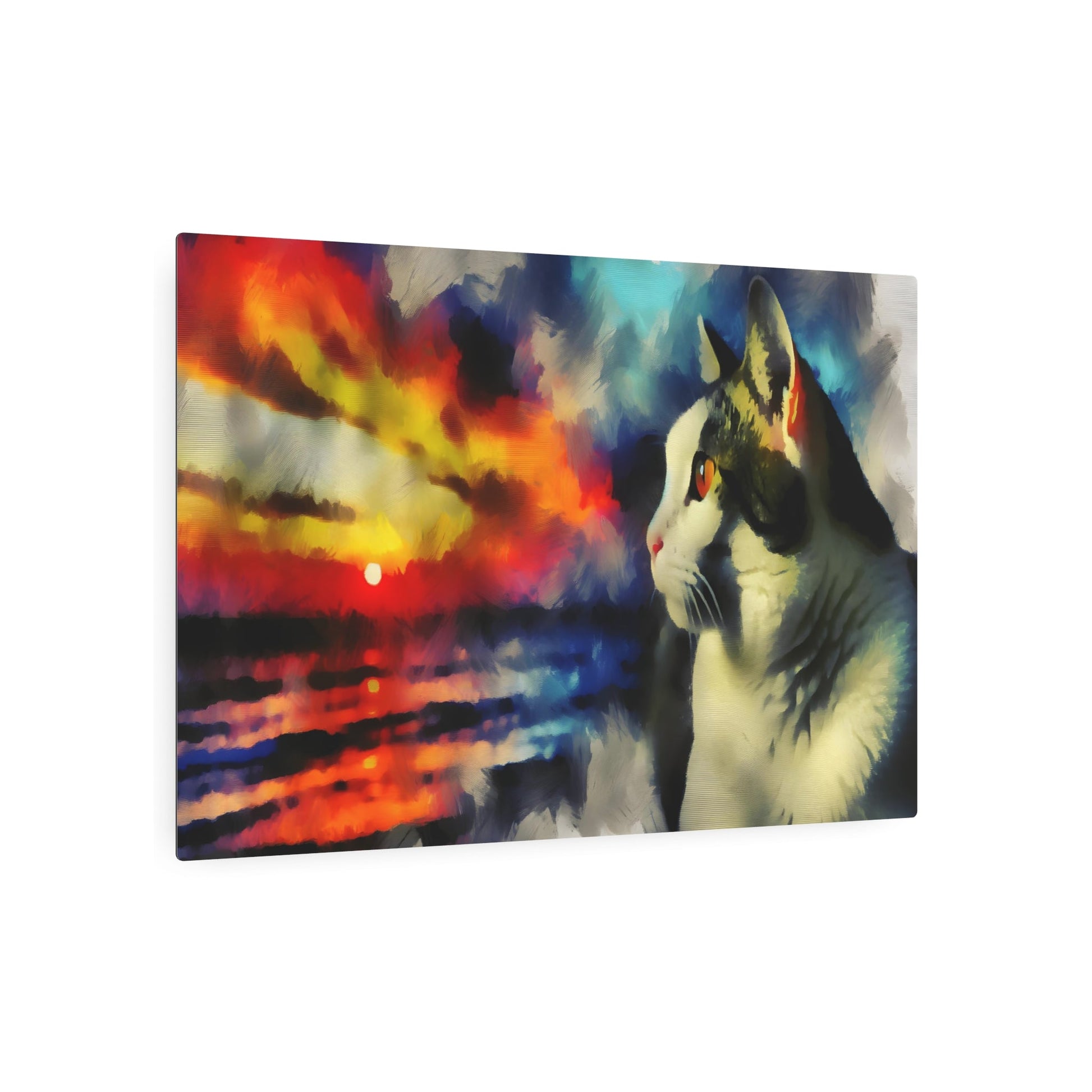 Metal Poster Art | "Romanticism Western Art Style - Contemplative Cat Gazing at Vibrant Sunset | Unique Handcrafted Romantic Artwork" - Metal Poster Art 36″ x 24″ (Horizontal) 0.12''