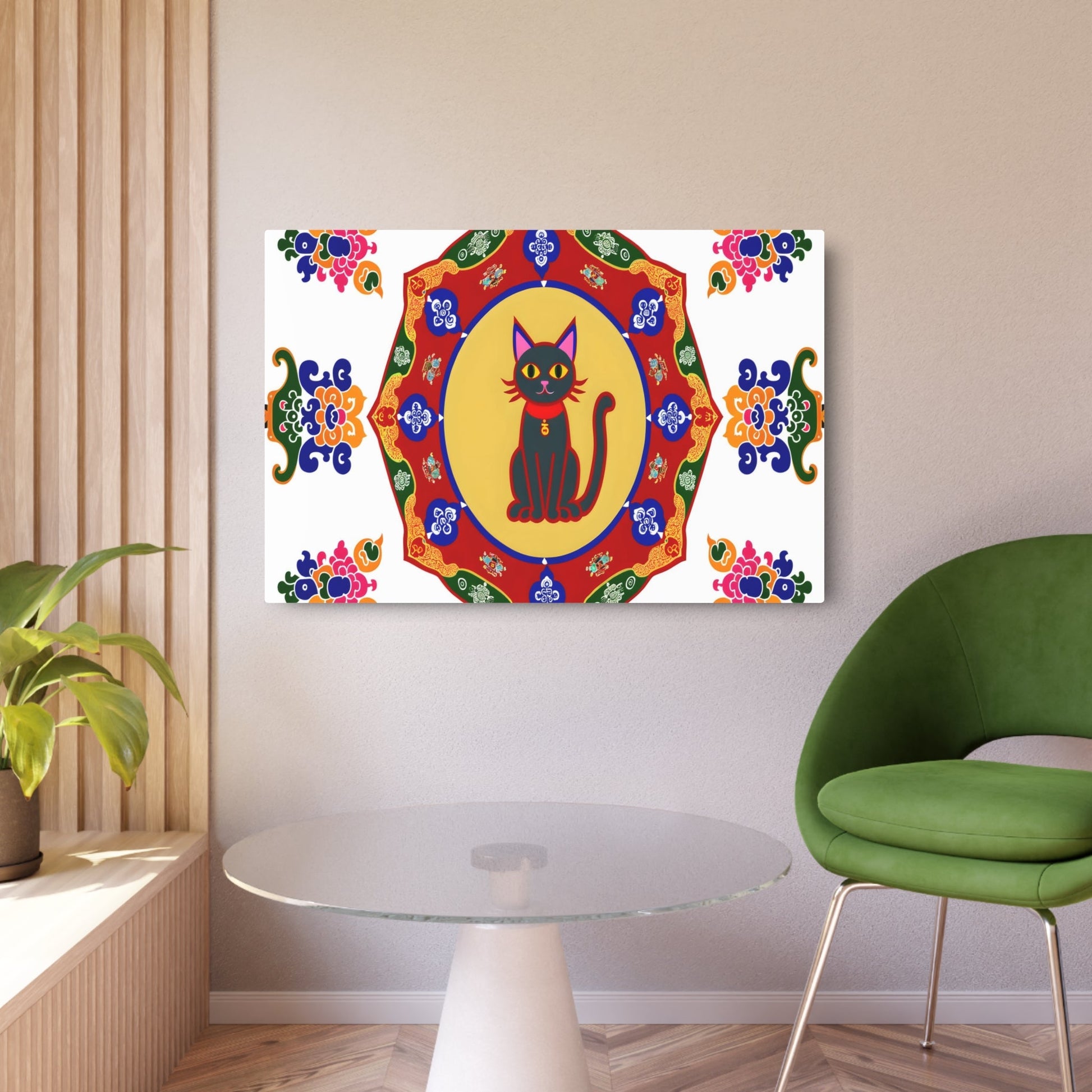 Metal Poster Art | "Tibetan Thangka Painting in Vibrant Colors Featuring a Unique Cat Design and Traditional Buddhist Symbols - Asian Art Styles Collection" - Metal Poster Art 36″ x 24″ (Horizontal) 0.12''