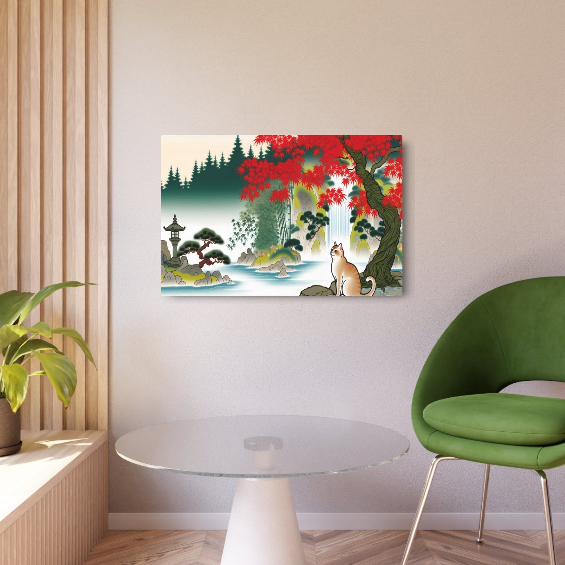 Metal Poster Art | "Kano School Inspired Japanese Traditional Painting - Serene Scenic Artwork Featuring a Cat in Asian Art Styles Category" - Metal Poster Art 36″ x 24″ (Horizontal) 0.12''