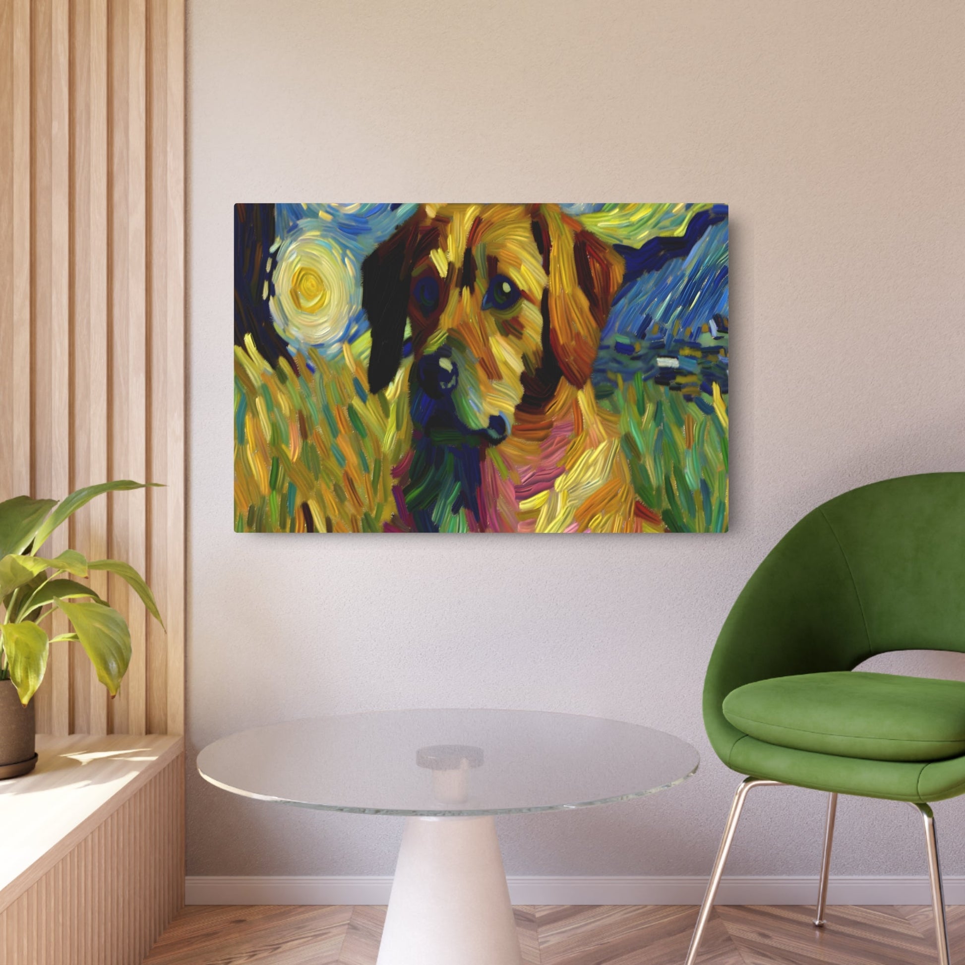 Metal Poster Art | "Post-Impressionistic Vibrant Dog Painting - Thick Textured Brushstrokes Inspired by Van Gogh's Starry Night - Western Art Styles - Metal Poster Art 36″ x 24″ (Horizontal) 0.12''