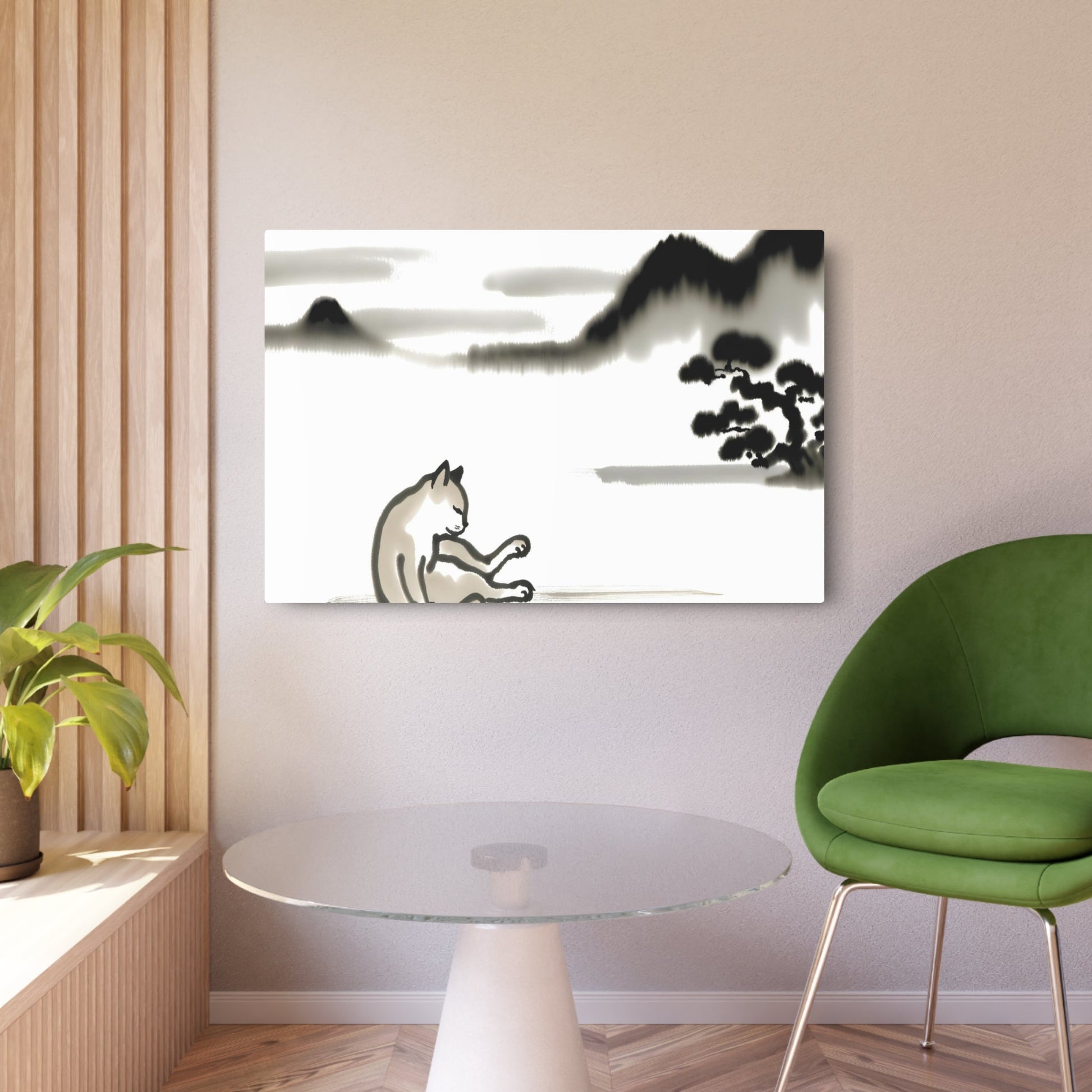 Metal Poster Art | "Sumi-e Japanese Ink Wash Painting - Serene Scene Featuring a Cat, Asian Art Styles Collection" - Metal Poster Art 36″ x 24″ (Horizontal) 0.12''