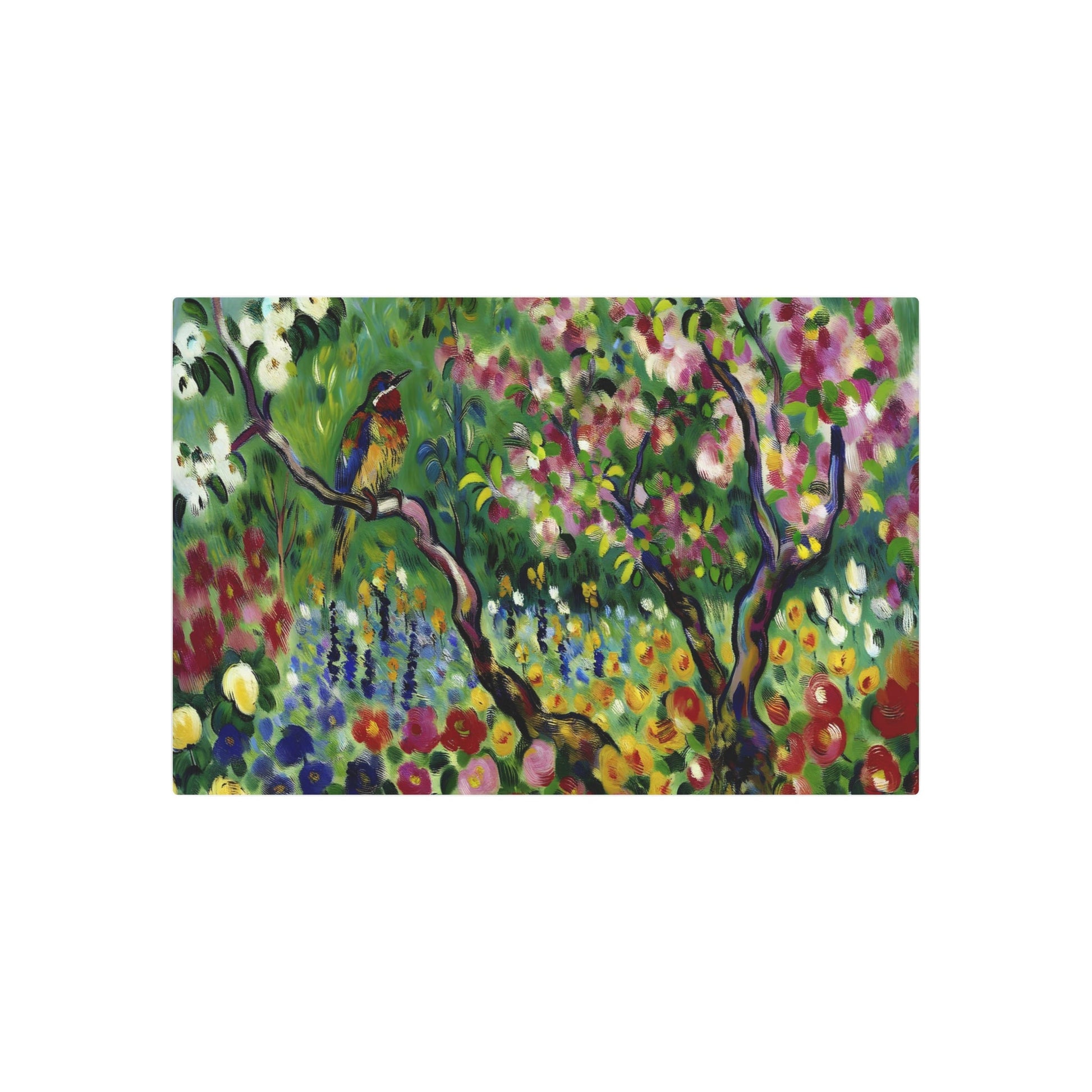 Metal Poster Art | "Post-Impressionist Vibrant Bird in Blossoming Garden Art Print - Vivid Colors & Unique Brushwork Western Art Styles" - Metal Poster Art 36″ x 24″ (Horizontal) 0.12''