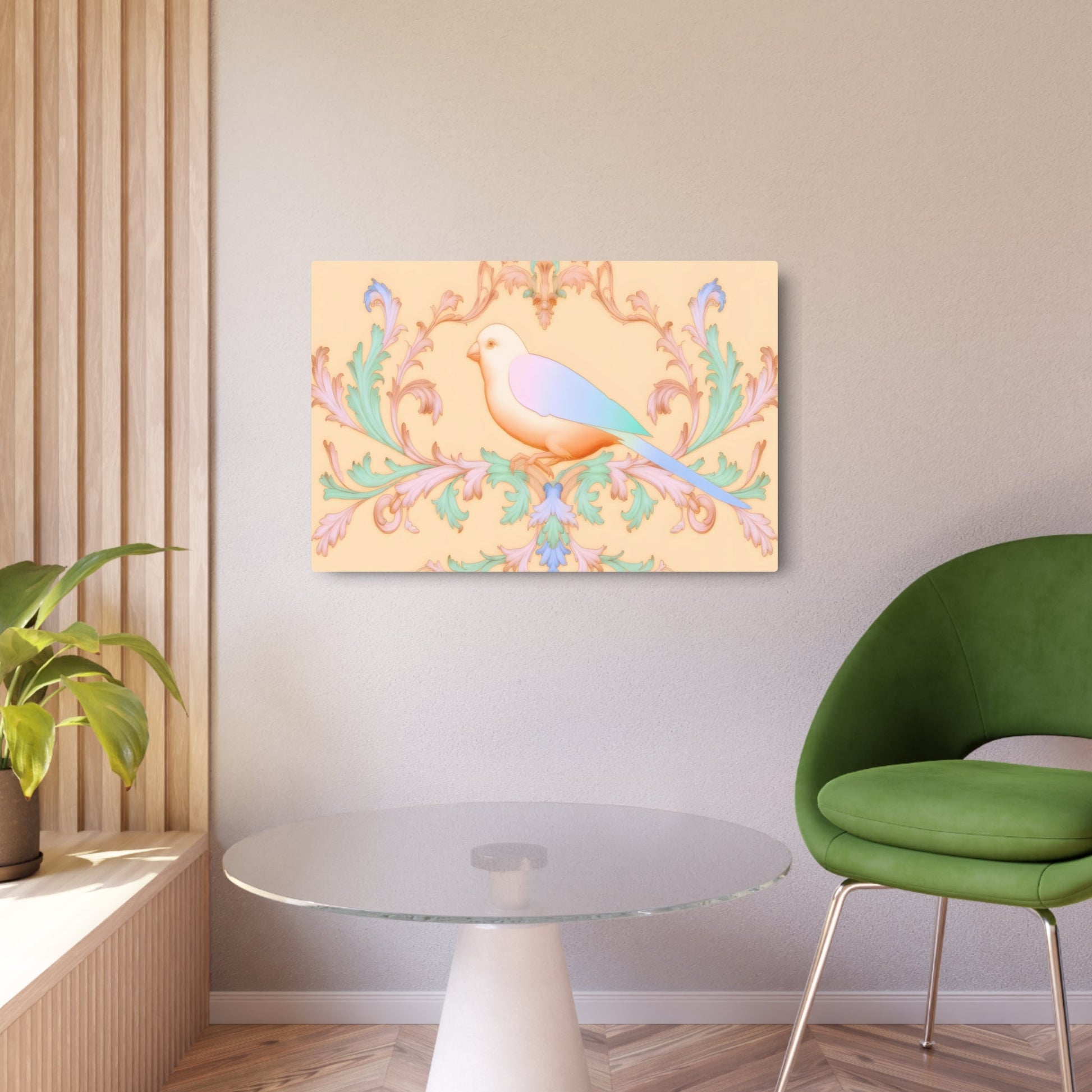 Metal Poster Art | "Rococo Style Bird Artwork - Western Art Styles: Intricate Pastel Palette Design with Delicate Detailing in Rococo Tradition" - Metal Poster Art 36″ x 24″ (Horizontal) 0.12''