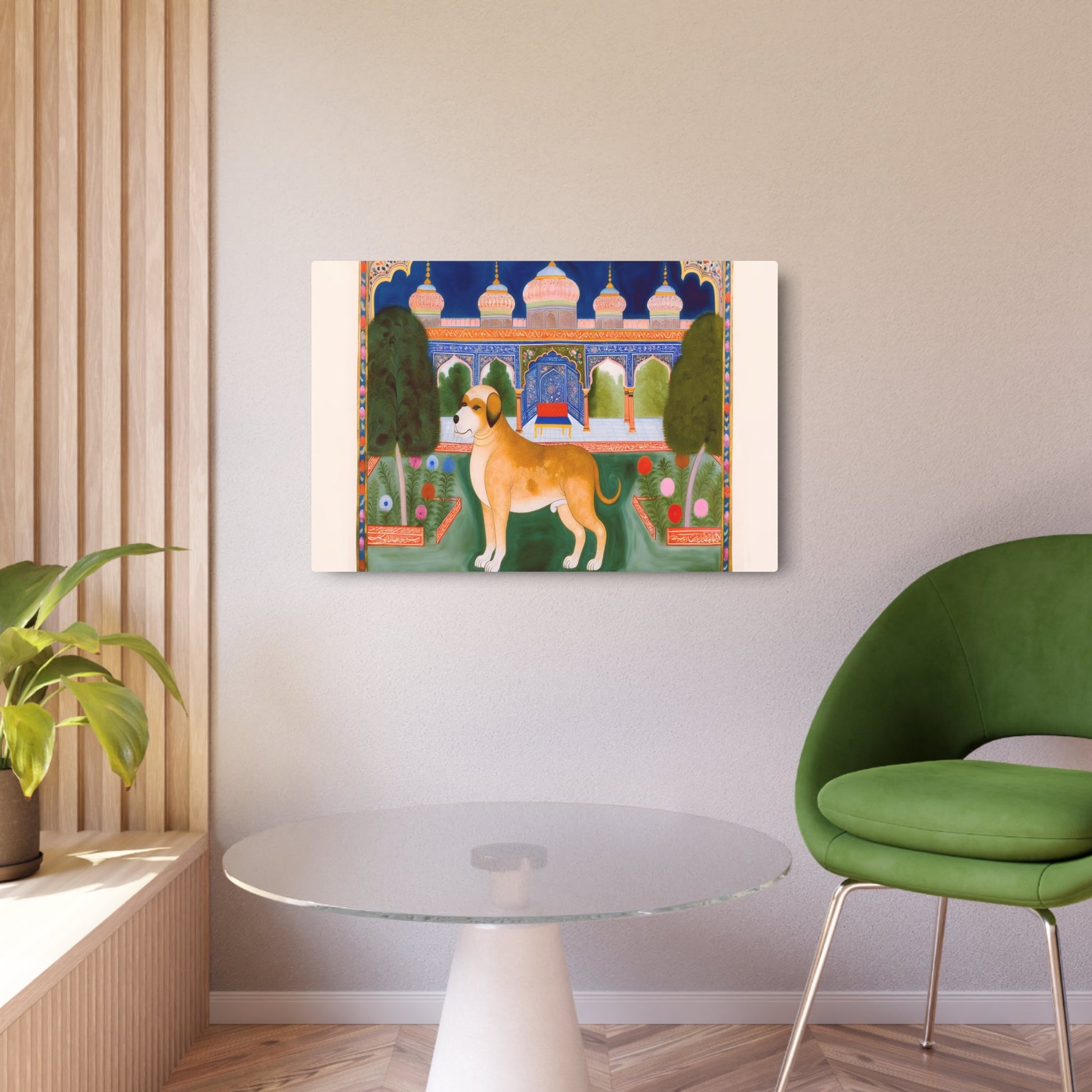 Metal Poster Art | "Mughal Miniature Painting: Majestic Dog in Traditional Garden - Vivid Colors, Non-Western Art, South Asian Style" - Metal Poster Art 36″ x 24″ (Horizontal) 0.12''