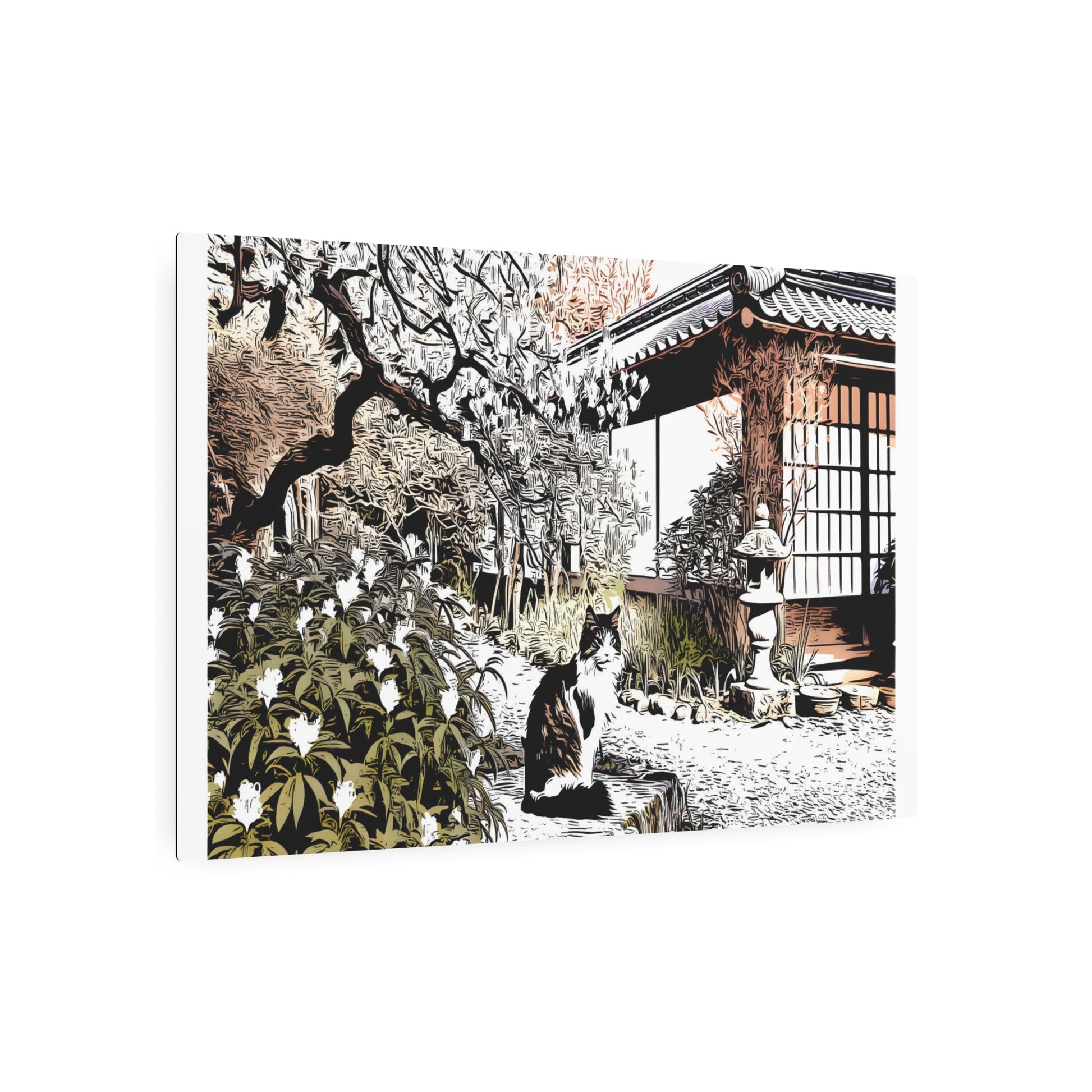 Metal Poster Art | "Graceful Kano School Japanese Art Inspired Cat in Natural Setting - Asian Art Styles Collection" - Metal Poster Art 36″ x 24″ (Horizontal) 0.12''