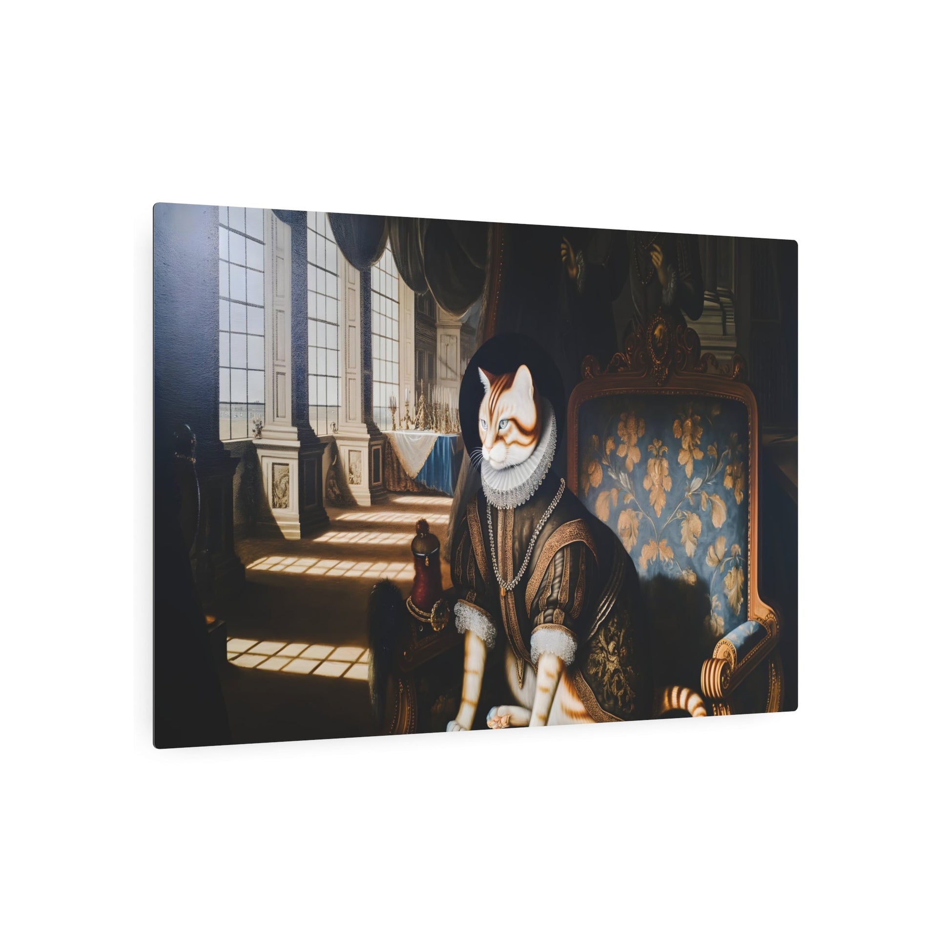 Metal Poster Art | "Regal Noble Cat in Grandeur Room - Renaissance Art Style Painting Depiction in Western Art Styles Collection" - Metal Poster Art 36″ x 24″ (Horizontal) 0.12''