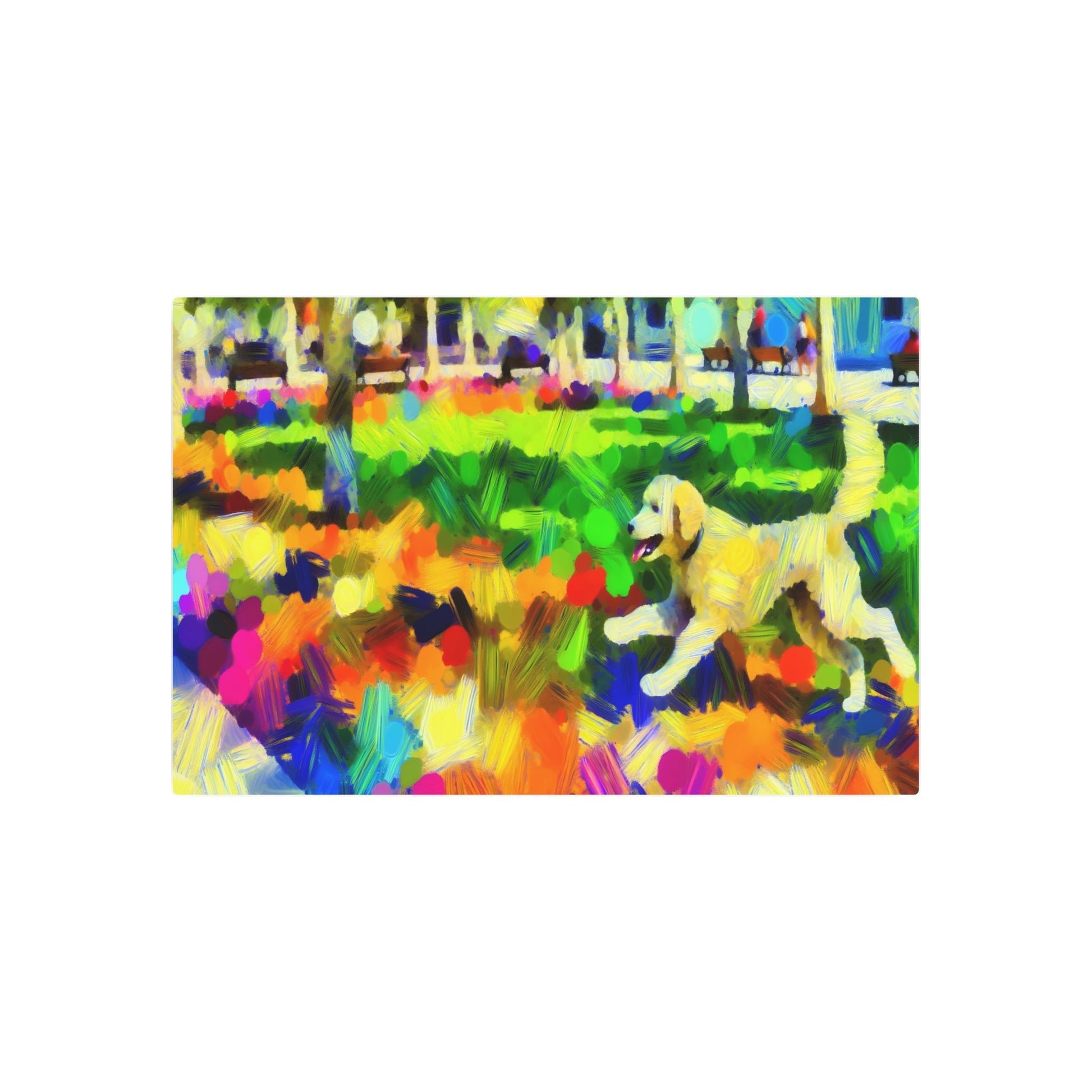 Metal Poster Art | "Impressionistic Western Art Style - Vibrant Colorful Brushstrokes of a Dog Playing in Sunny Park" - Metal Poster Art 36″ x 24″ (Horizontal) 0.12''