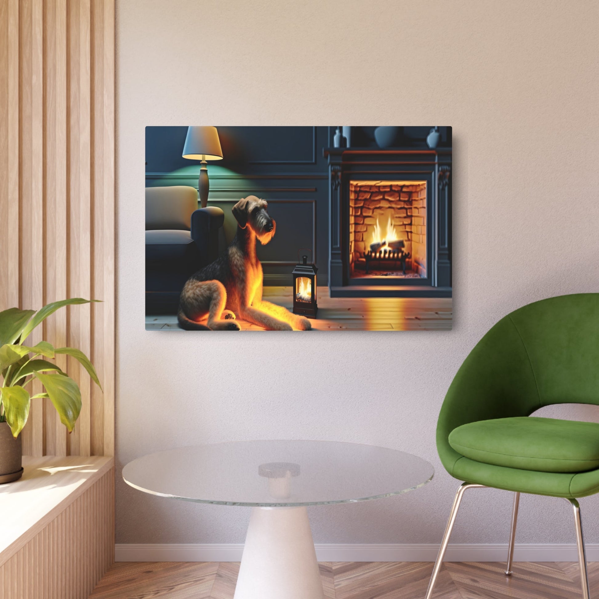 Metal Poster Art | "Realistic Western Art Style Dog by Fireplace - Detailed Realism Artwork Emphasizing Texture and Lighting" - Metal Poster Art 36″ x 24″ (Horizontal) 0.12''