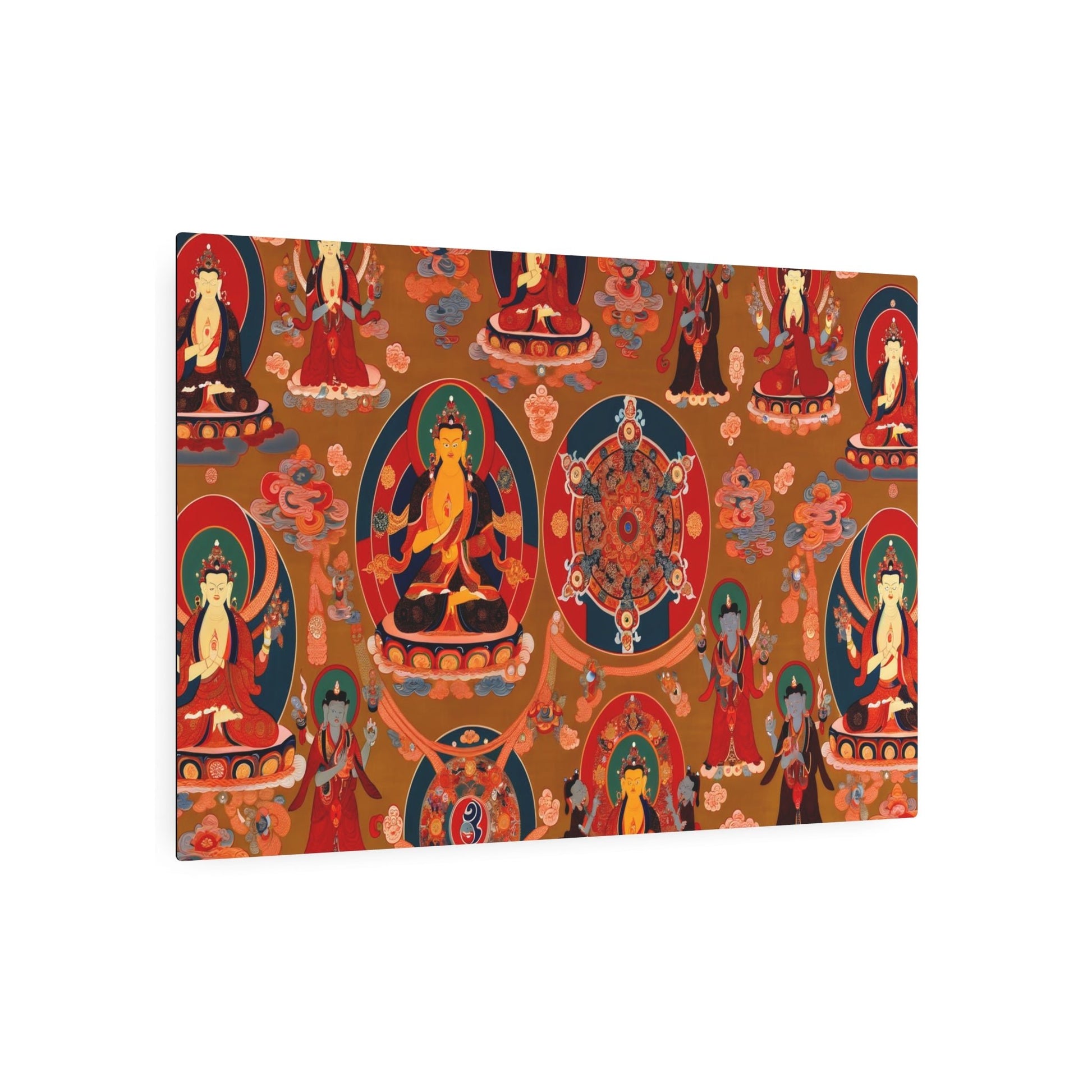 Metal Poster Art | "Traditional Tibetan Thangka Painting - Vibrant Red & Gold Artwork Featuring Buddhist Deities, Mandala Designs and Detailed Figures of Bodhisatt - Metal Poster Art 36″ x 24″ (Horizontal) 0.12''