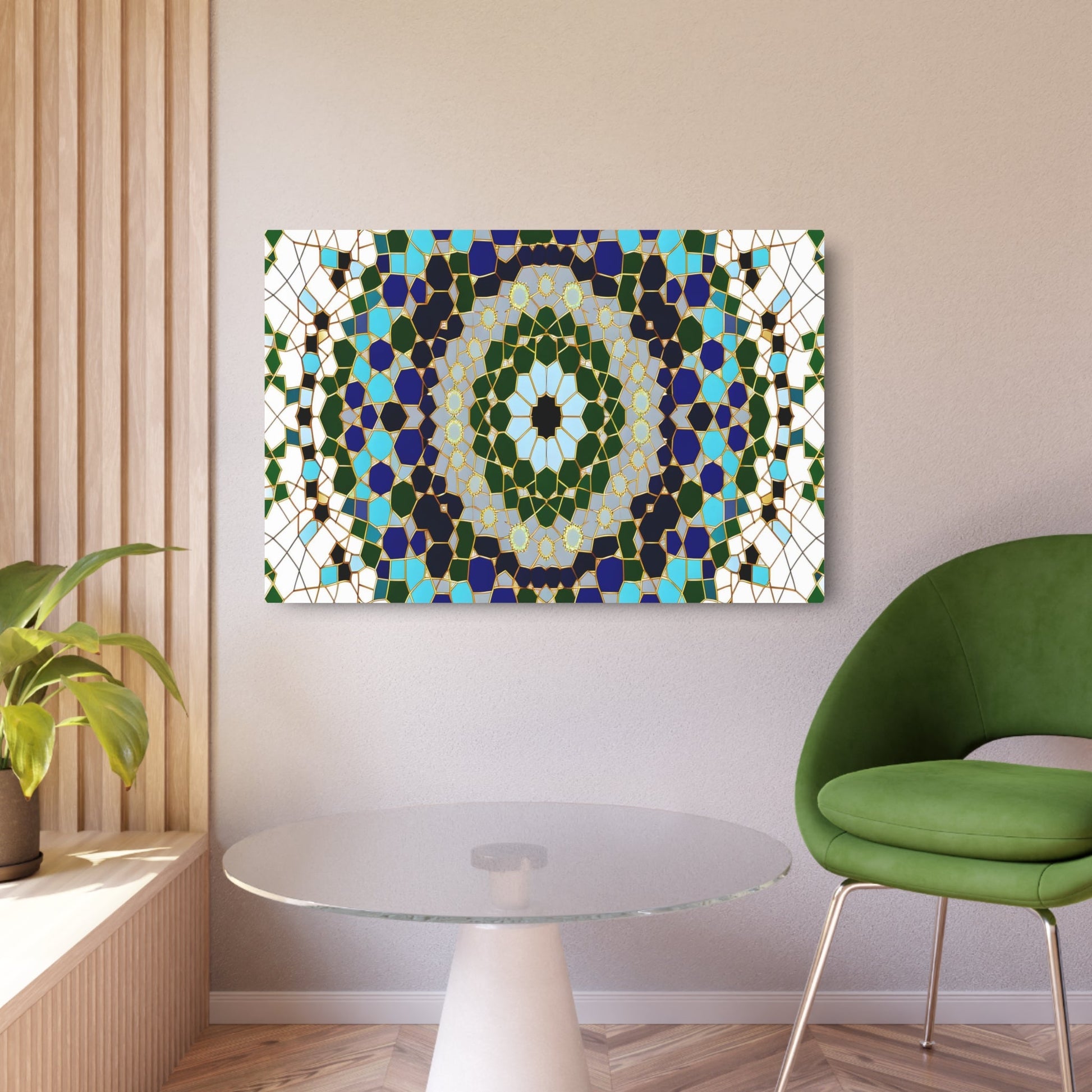 Metal Poster Art | "Islamic Art: Harmonious Geometric Pattern with Floral Motifs in Traditional Islamic Colors - Non-Western & Global Styles" - Metal Poster Art 36″ x 24″ (Horizontal) 0.12''