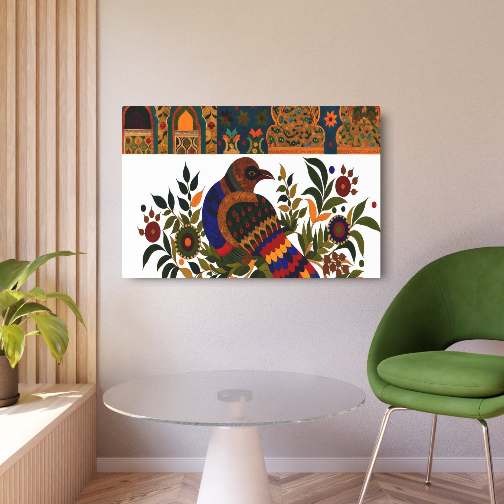 Metal Poster Art | "Mughal Miniature South Asian Art - Vibrant Bird-Centric Painting with Ornate Patterns and Architectural Details Reflecting Mughal Era Op - Metal Poster Art 36″ x 24″ (Horizontal) 0.12''