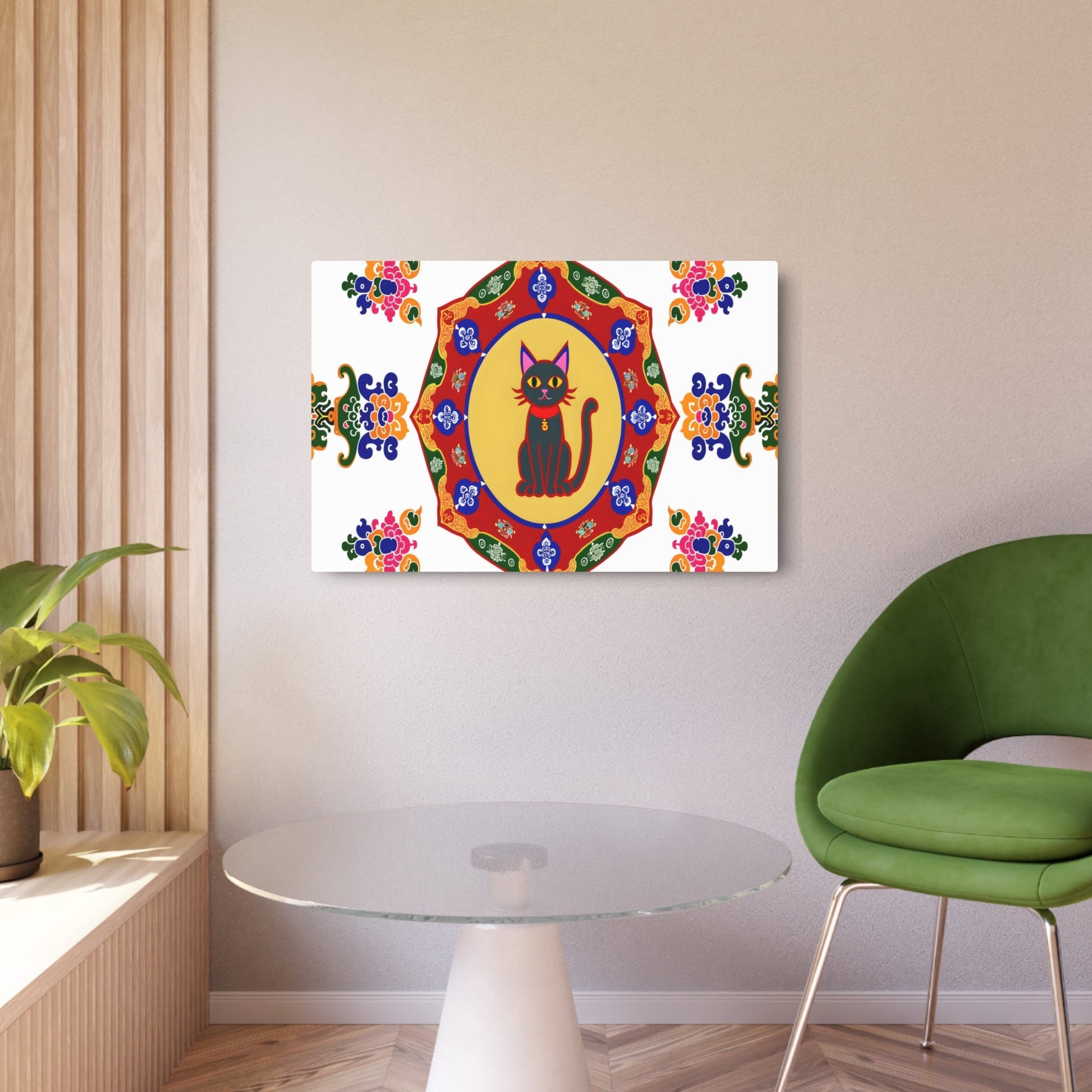 Metal Poster Art | "Tibetan Thangka Painting in Vibrant Colors Featuring a Unique Cat Design and Traditional Buddhist Symbols - Asian Art Styles Collection" - Metal Poster Art 36″ x 24″ (Horizontal) 0.12''