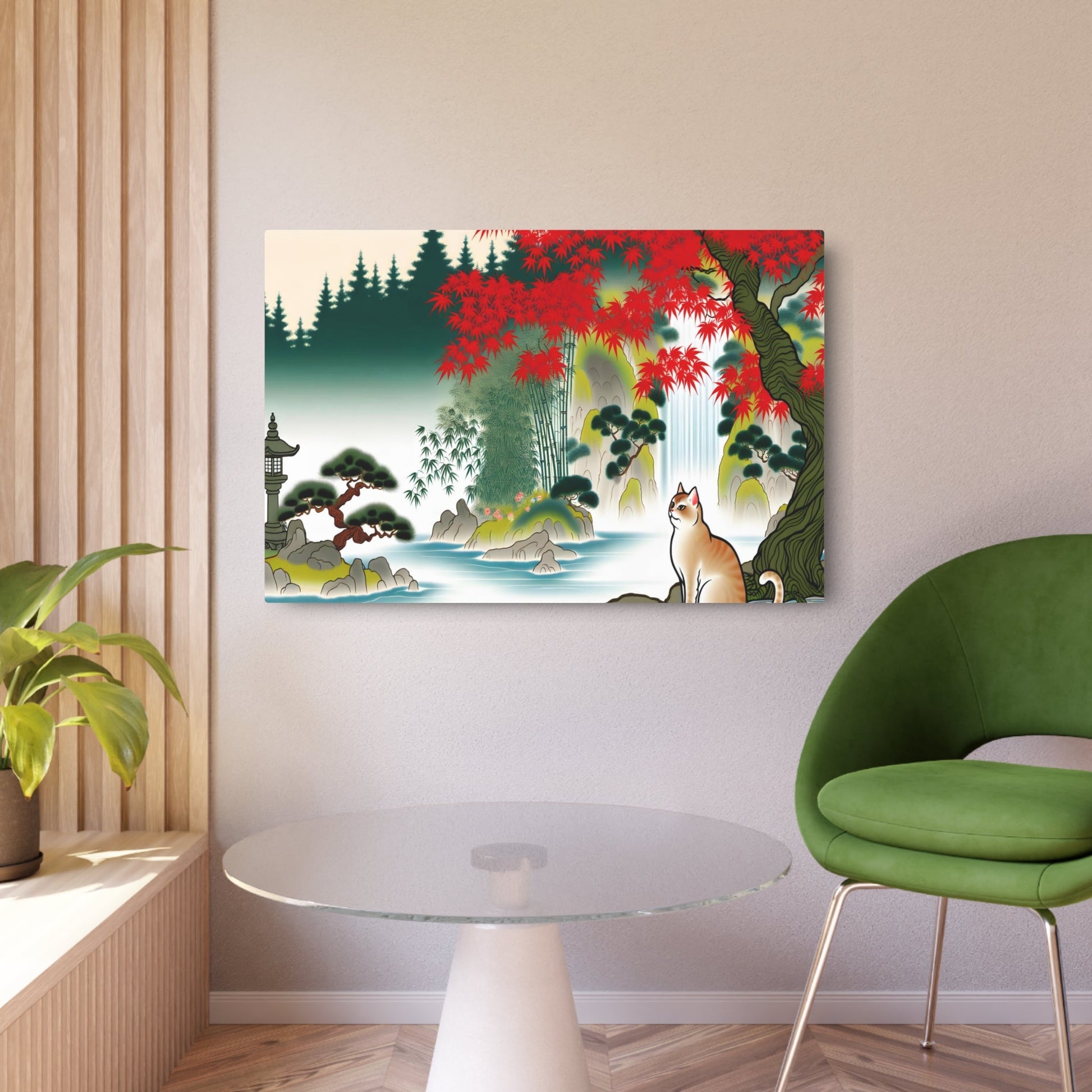 Metal Poster Art | "Kano School Inspired Japanese Traditional Painting - Serene Scenic Artwork Featuring a Cat in Asian Art Styles Category" - Metal Poster Art 36″ x 24″ (Horizontal) 0.12''