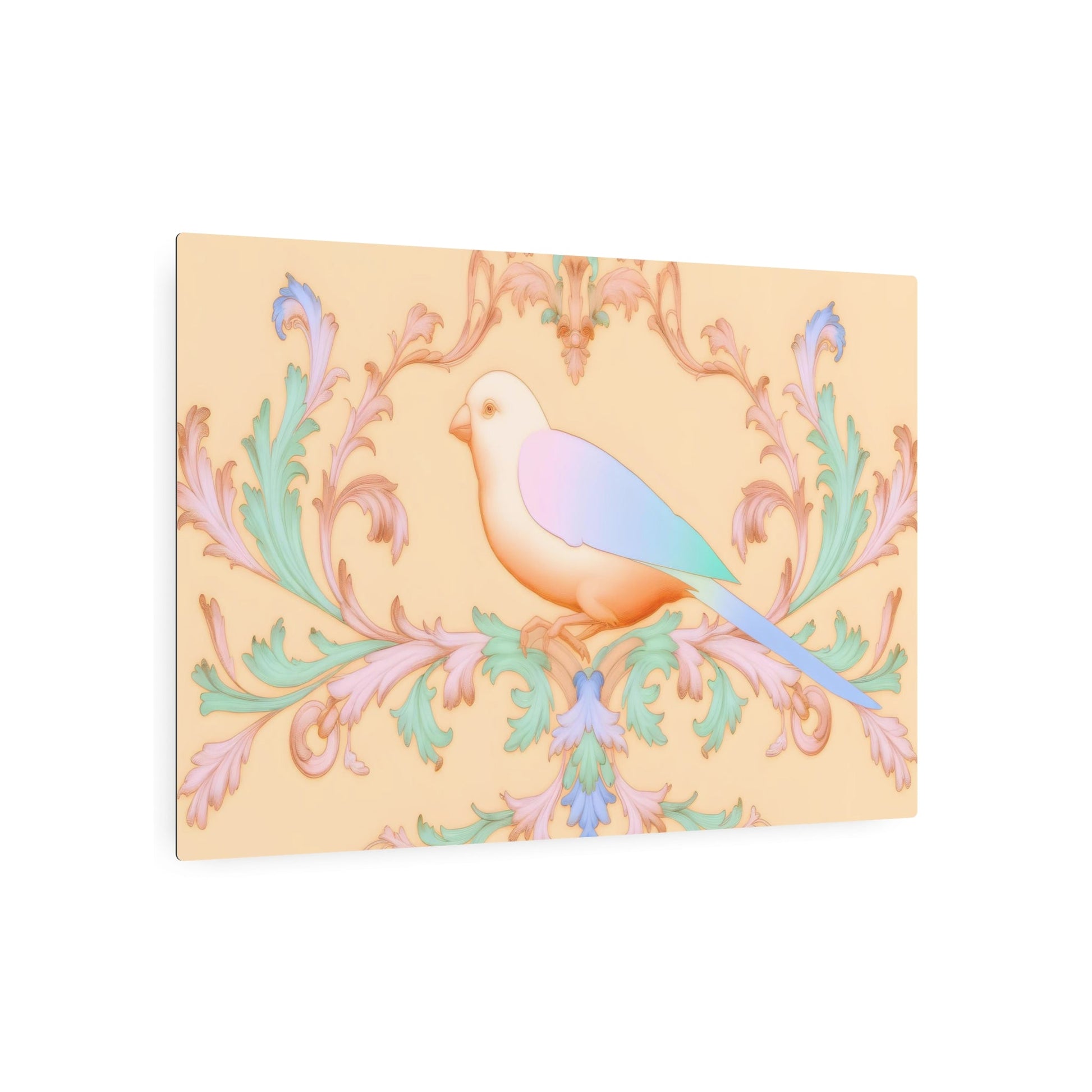Metal Poster Art | "Rococo Style Bird Artwork - Western Art Styles: Intricate Pastel Palette Design with Delicate Detailing in Rococo Tradition" - Metal Poster Art 36″ x 24″ (Horizontal) 0.12''